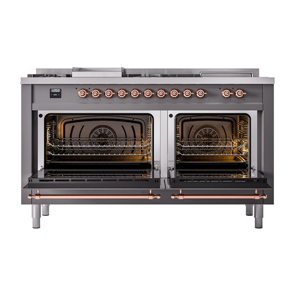 ILVE Nostalgie II 60-Inch Dual Fuel Range with 7 Burners, Griddle, & French Top with Solid Door Oven in Matte Graphite with Copper Trim (UP60FSQNMPMGP)