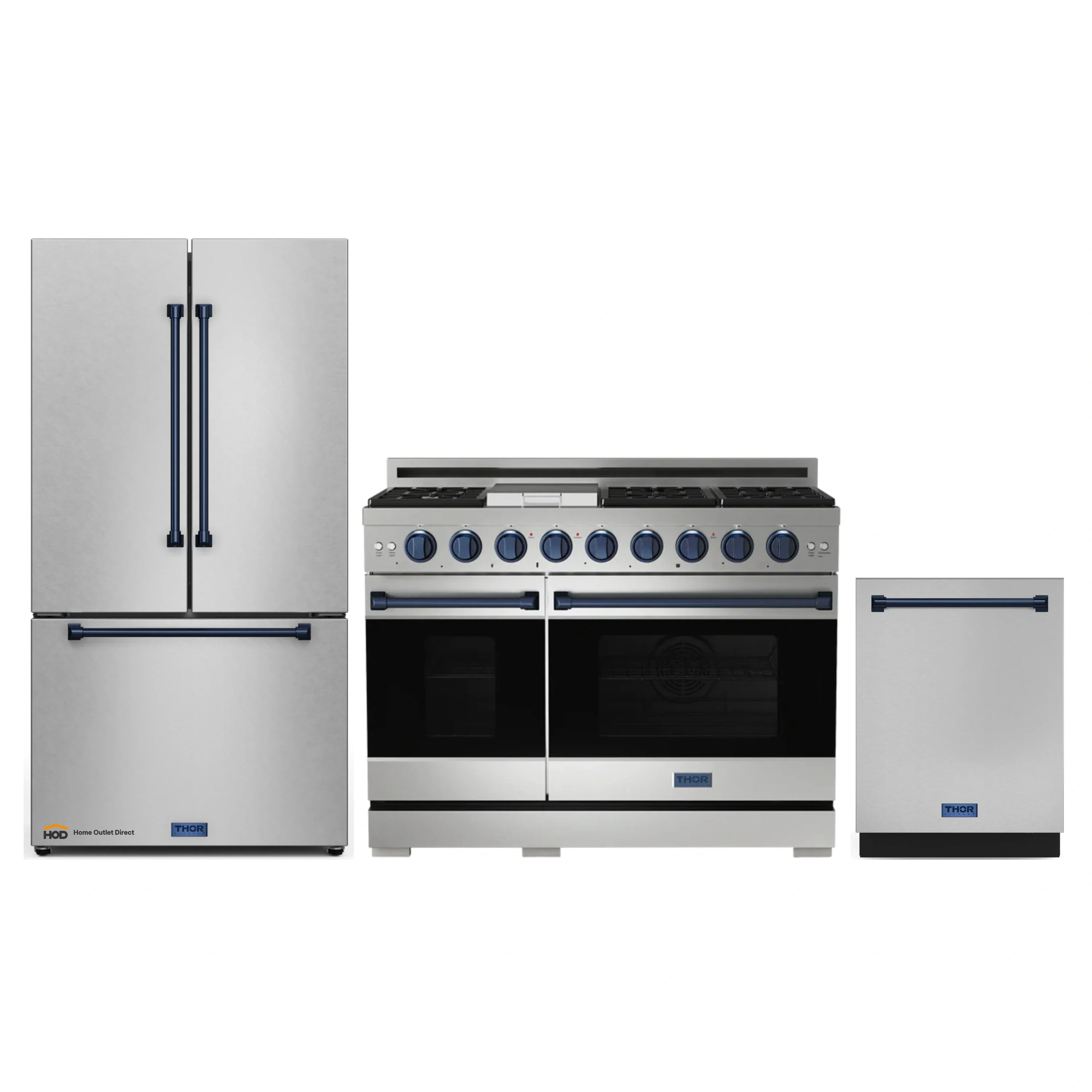 Gordon Ramsay by Thor Kitchen 3-Piece Appliance Package - 48-Inch Gas Range with Double Oven, 36-Inch Refrigerator, and Dishwasher in Stainless Steel with Blue Trim