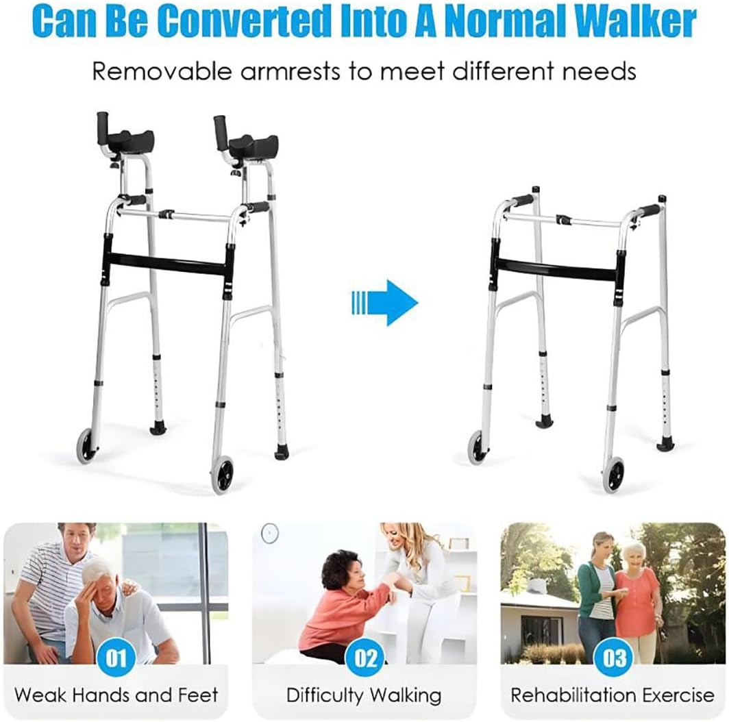 HAILM Foldable Stand Walker with Removable Armrests, 8 Height-Adjustable Aluminum Walkers, Heavy Duty Rollator with Arm Support, Front Wheeled Walker for Seniors, Elderly, Handicap