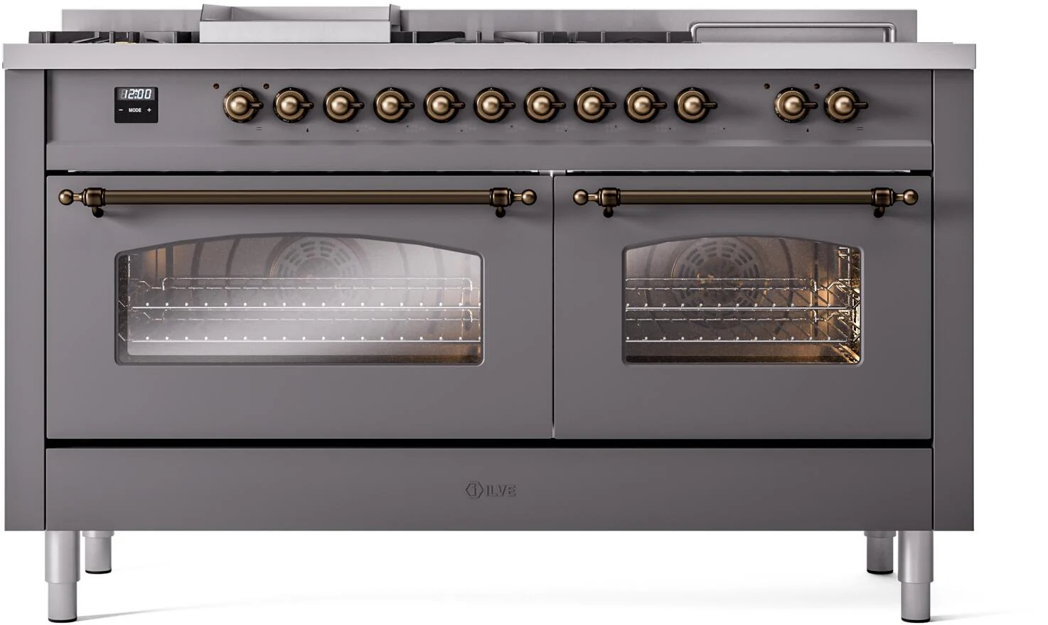 ILVE Nostalgie II 60-Inch Dual Fuel Range with 7 Burners, Griddle, & French Top with Triple Glass Door Oven in Matte Graphite with Bronze Trim (UP60FSNMPMGB)