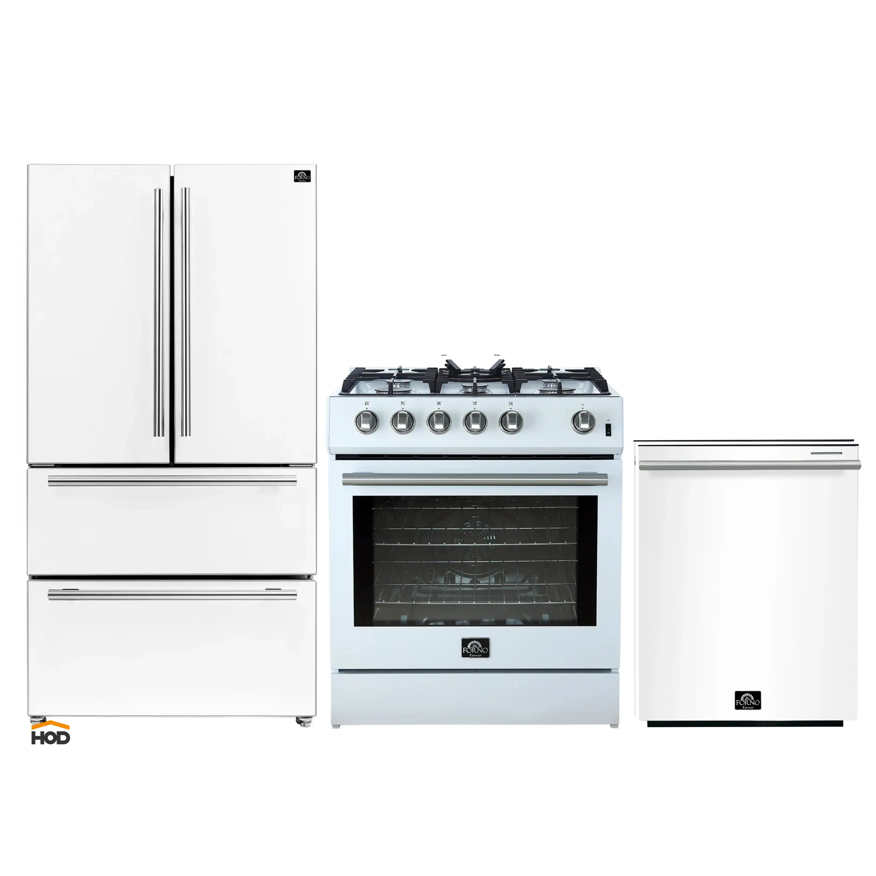 Forno 3-Piece Appliance Package - 30-Inch Gas Range, Refrigerator, and Dishwasher in White with Stainless Steel Trim