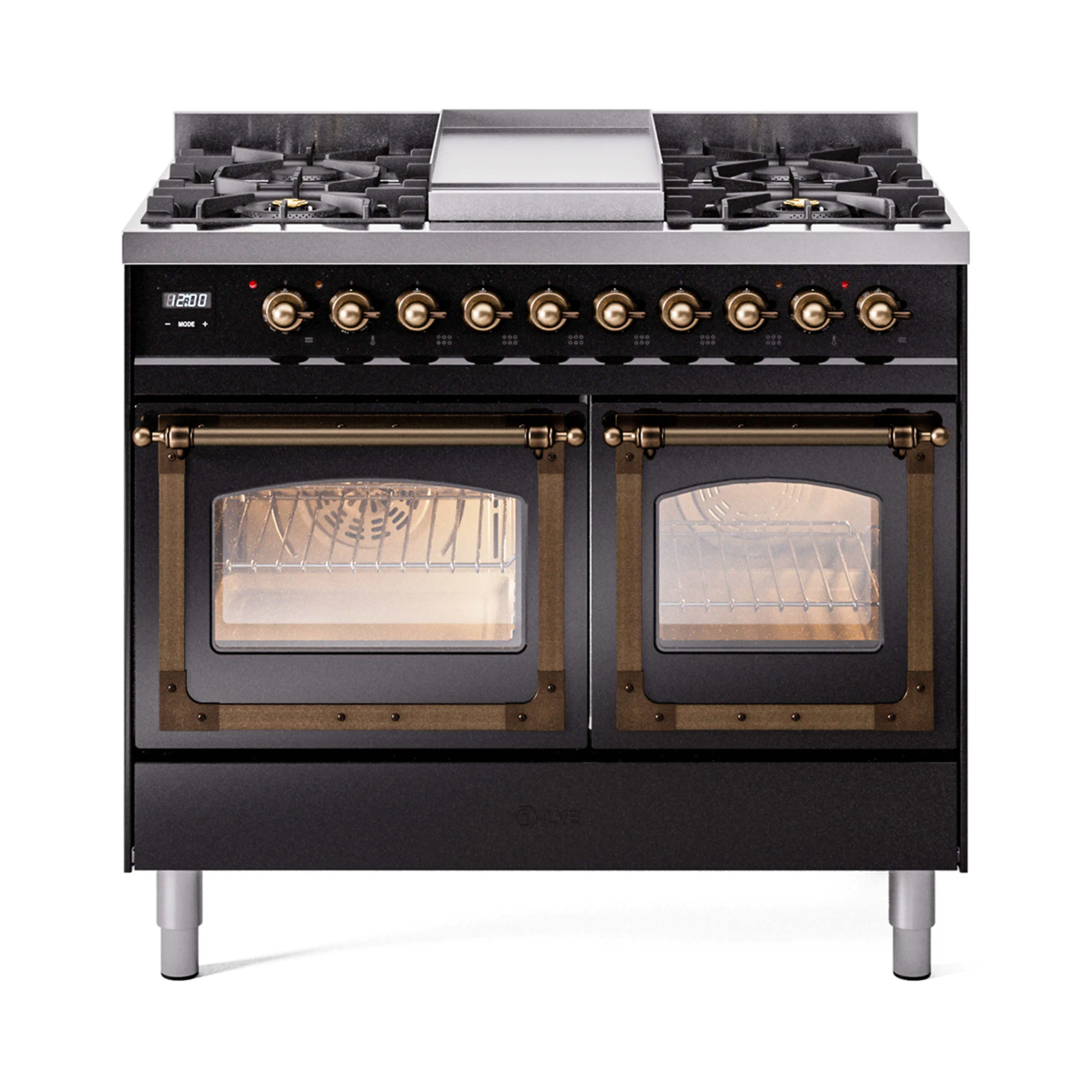 ILVE 40-Inch Nostalgie II Noblesse Dual Fuel Range with Triple Glass Door Oven in Glossy Black with Bronze Trim (UND40FNMPBKB)