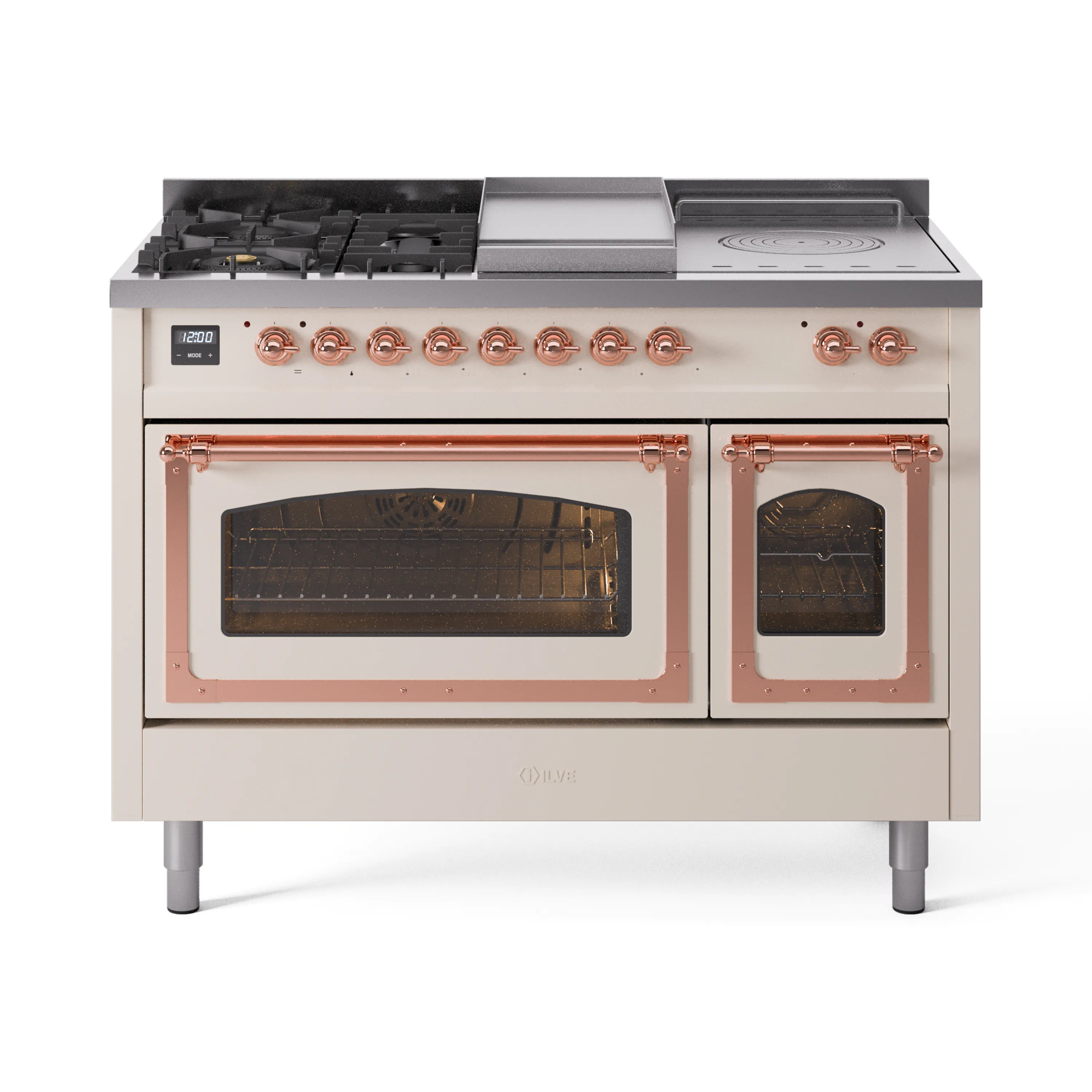 ILVE Nostalgie II Noblesse 48-Inch Dual Fuel Range with 5 Burners, Griddle, & French Top with Triple Glass Door Oven in Antique White with Copper Trim (UN48FSNMPAWP)