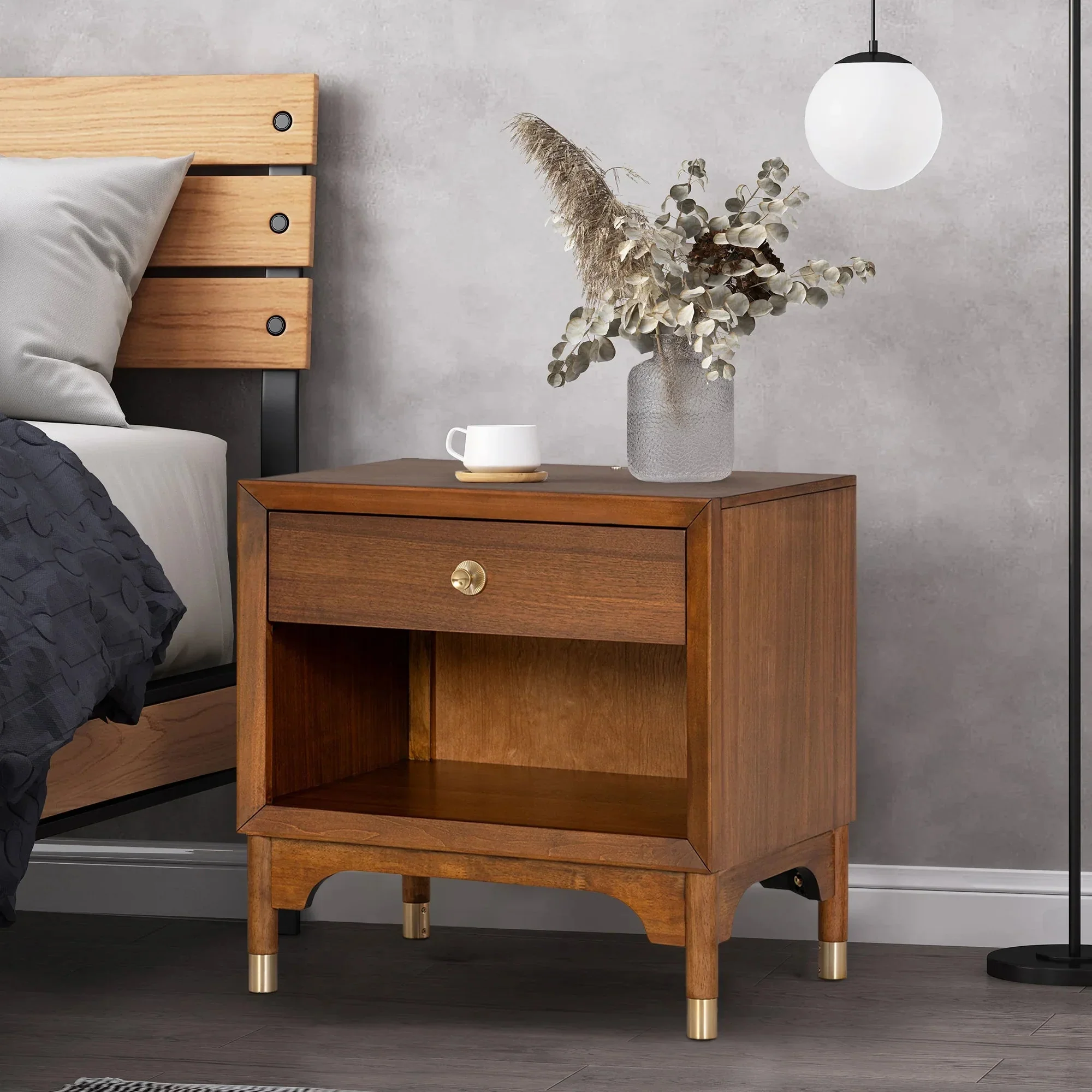 Parrot Uncle Hepburne Mid Century Walnut 1-Drawer 26-Inch Nightstand with Touch Light (FM74000WN-N-PU)