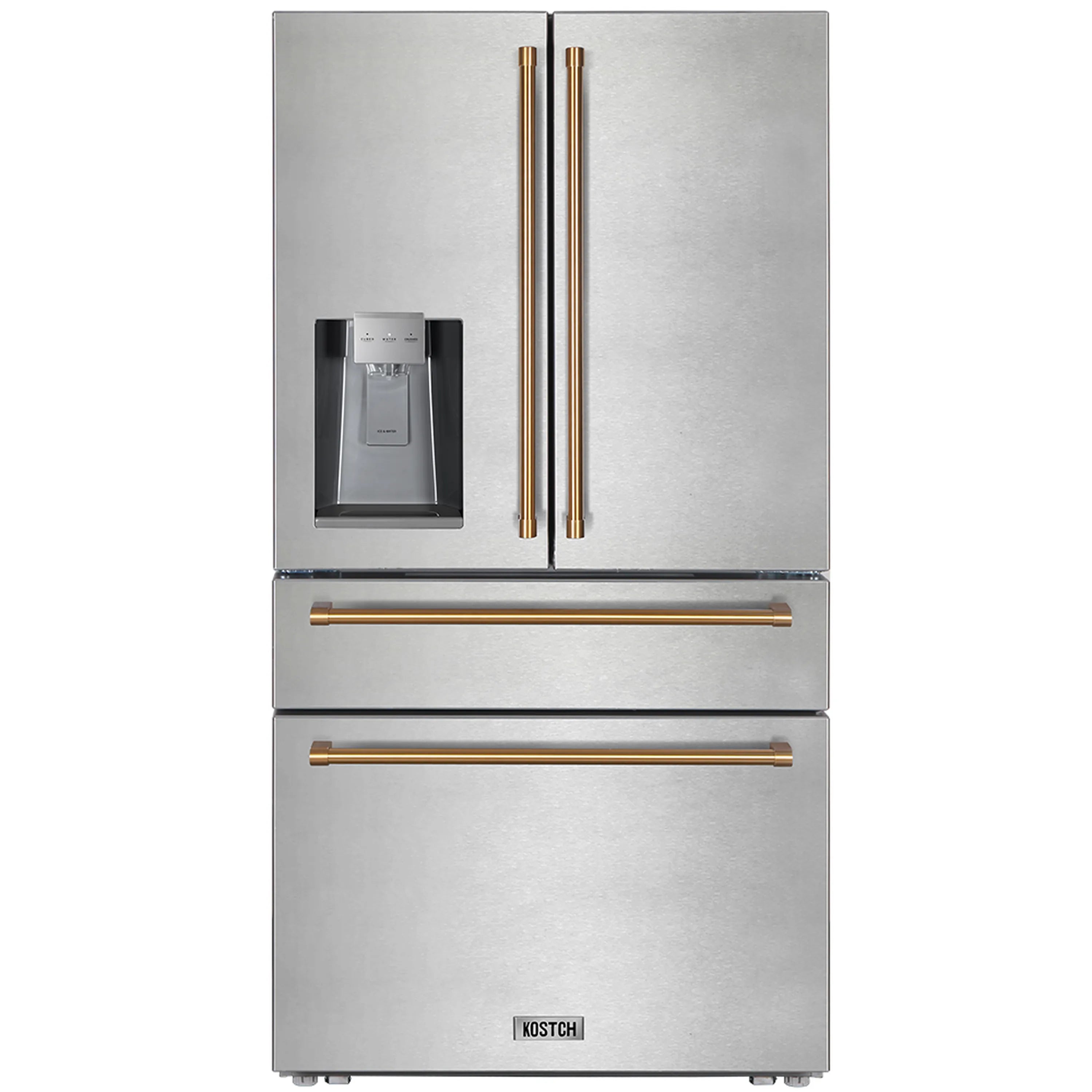 Kostch 36-Inch Counter-Depth Refrigerator with Ice Maker, Water & Ice Dispenser in Stainless Steel with Bronze Handles (KOS-36RFD07T-SG)