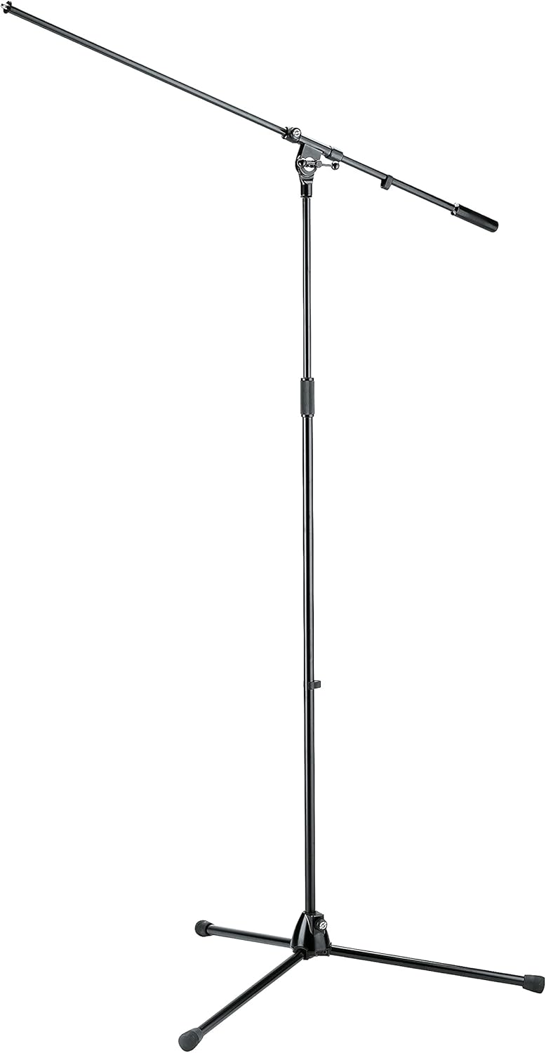 K&M König & Meyer 21021.500.55 Overhead Microphone Stand | Long Boom Arm | T-bar Locking Mechanism | Heavy Duty Folding Tripod Base | Compact For Travel / Storage | German Made | Black