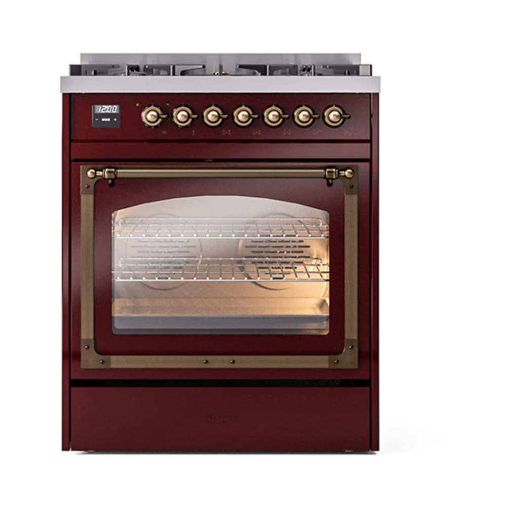 ILVE Nostalgie II Noblesse 30-Inch Dual Fuel Range with Triple Glass Door in Burgundy with Bronze Trim (UN30NMPBUB)