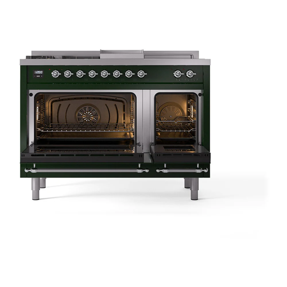 ILVE Nostalgie II 48-Inch Dual Fuel Range with 5 Burners, Griddle, & French Top, with Solid Door Oven in Emerald Green with Chrome Trim (UP48FSQNMPEGC)