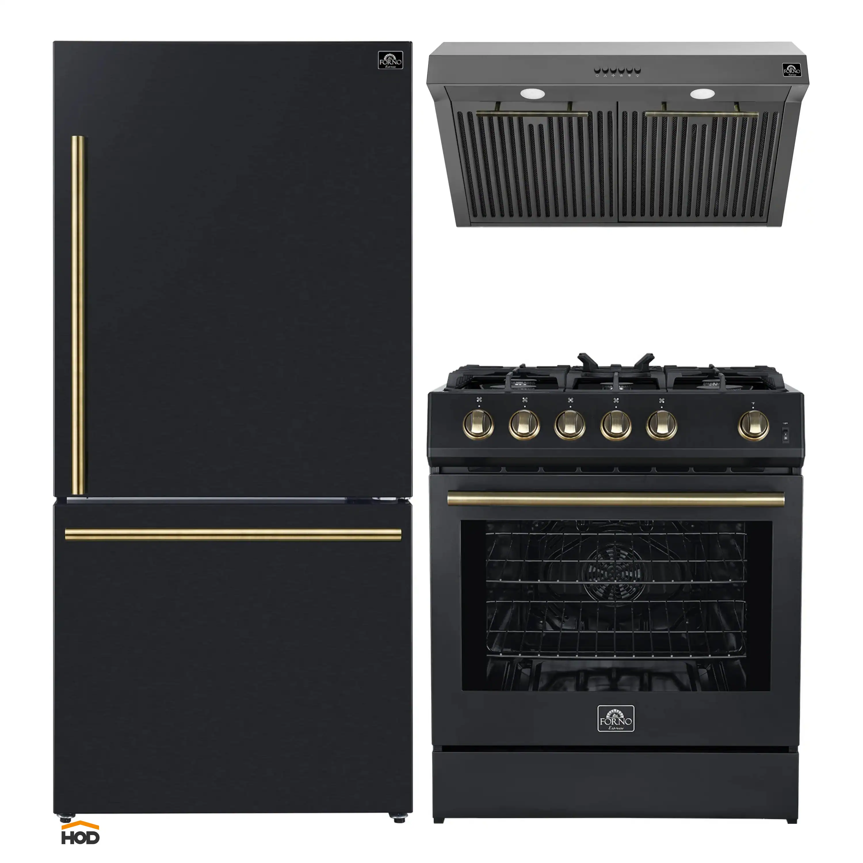 Forno 3-Piece Appliance Package - 30-Inch Gas Range, Under Cabinet Range Hood, & Refrigerator in Black with Antique Brass Trim