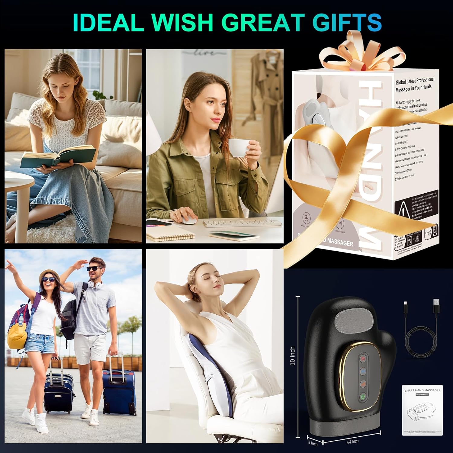 Professional Hand Massager with Heat Compression Therapy, 3 Massage 4 Temperatures 5 Compression Pain Relief Glove, Arthritis & Wrist Carpal Tunnel Neuropathy Circulation, Gifts for Women/Men