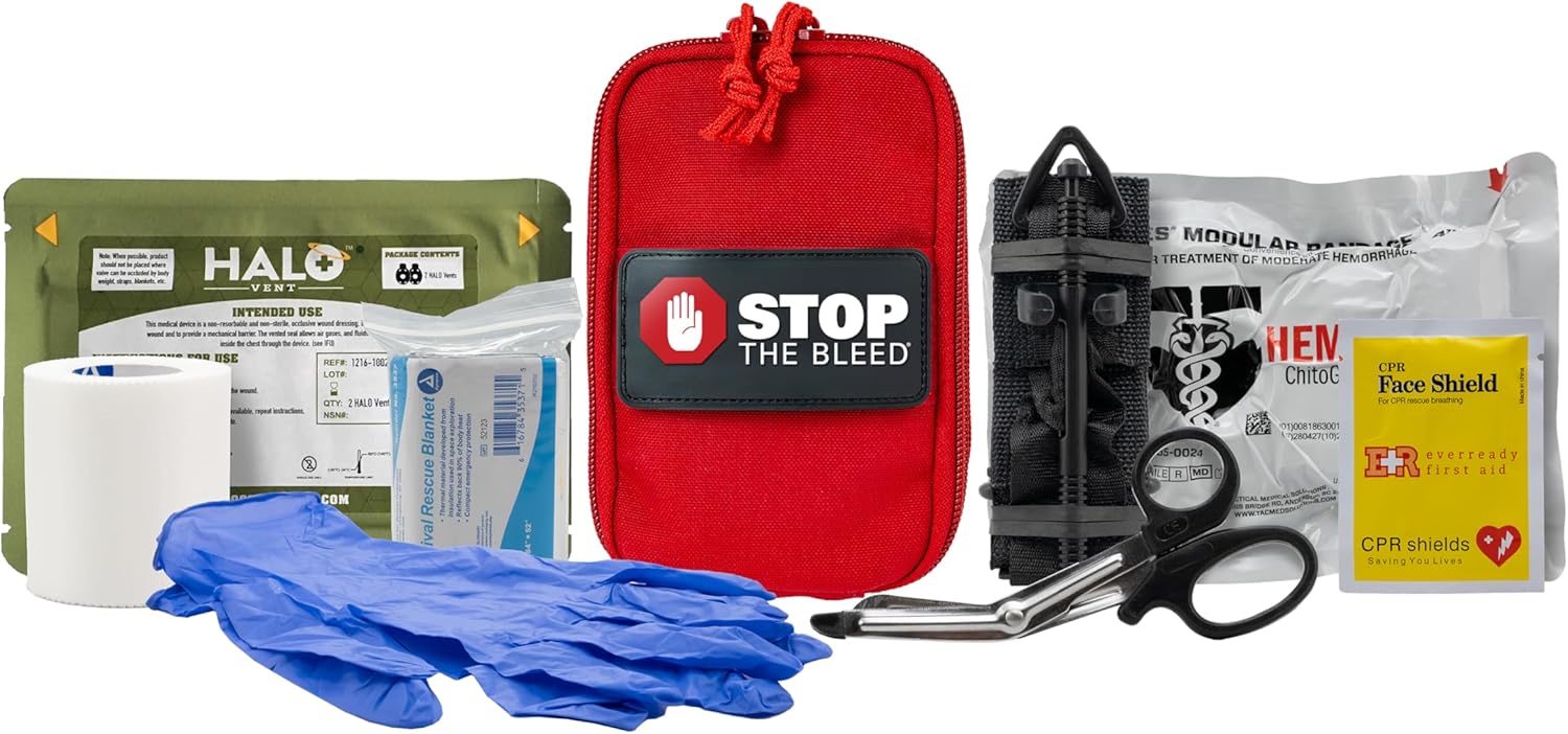 TacMed Solutions Stop The Bleed Kit – Advanced Bleeding Control Red Nylon Pouch, Easy-to-Use Hemorrhage Control Kit, Emergency First Aid with Tourniquet and Emergency Hemostatic Bandage