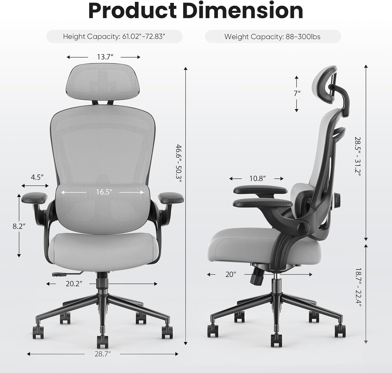 Sweetcrispy Ergonomic Desk Chair Office Chair, 300 LBS Home Mesh Office Desk Chairs with Wheels, 2D Headrest, Up&Down Lumbar Support, Swivel High Back Computer Chair with Flip-up Armrests,Dark Grey