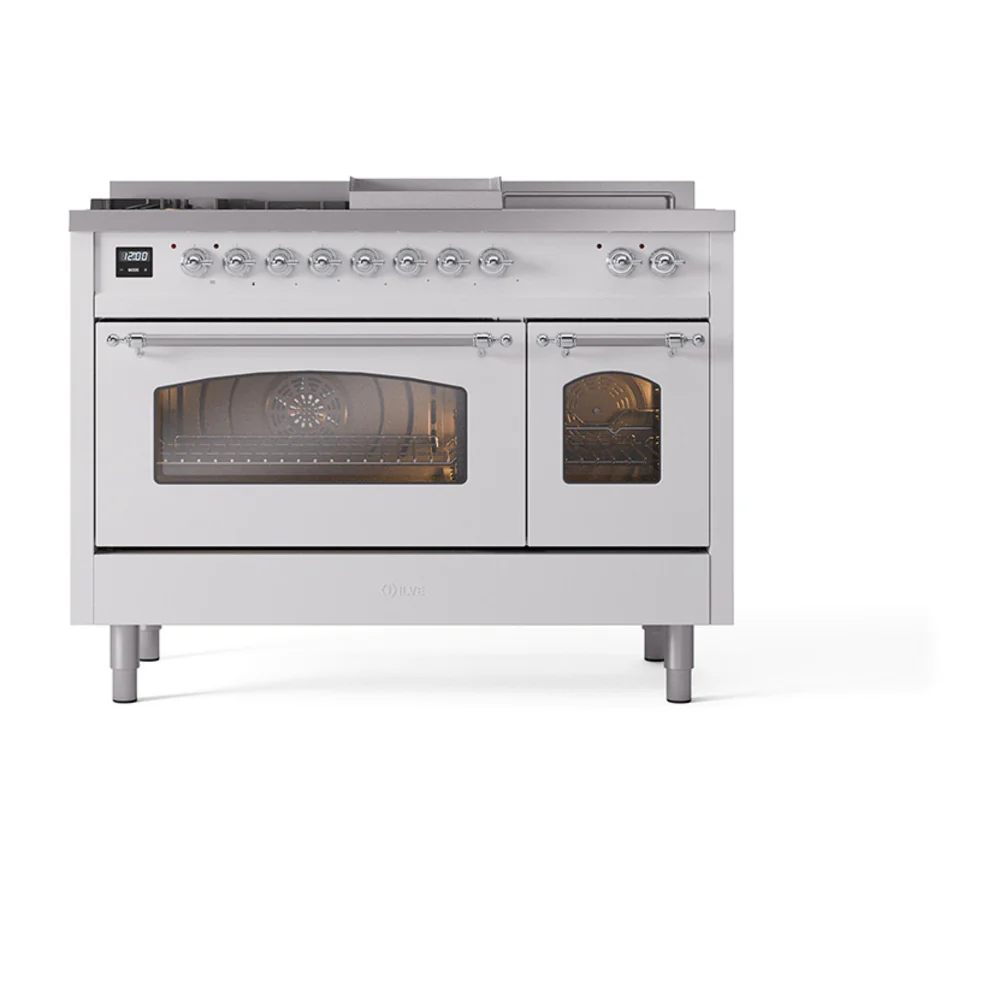 ILVE Nostalgie II 48-Inch Dual Fuel Range with 5 Burners, Griddle, & French Top with Triple Glass Door Oven in White with Chrome Trim (UP48FSNMPWHC)
