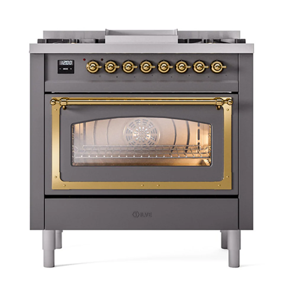 ILVE Nostalgie II Noblesse 36-Inch Dual Fuel Range and Triple Glass Door in Matte Graphite with Brass Trim (UN36FNMPMGG)