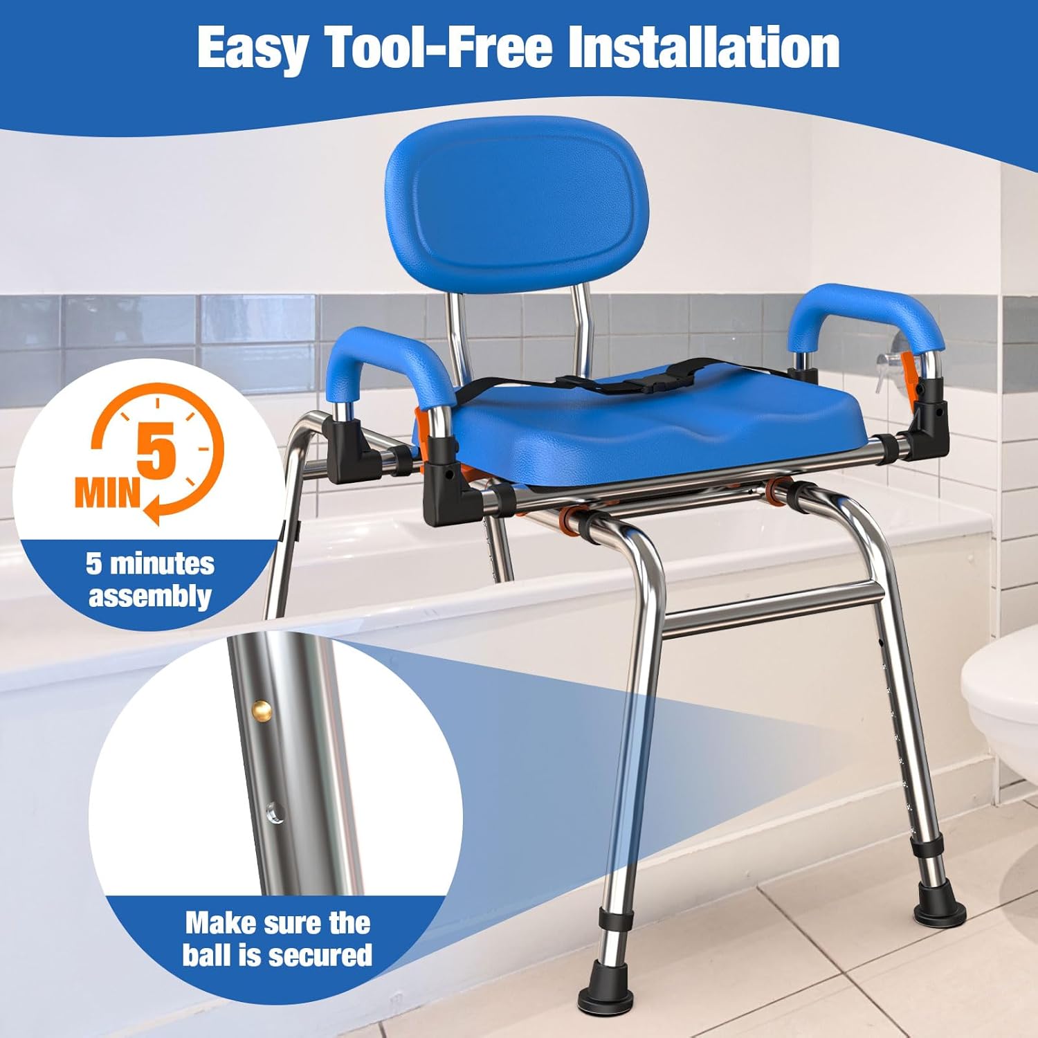 Sliding Shower Chair with Wide 360° Swivel Seat, 450lbs Tub Transfer Bench for Bathtub, Adjustable Height and Arms Width Shower Seat for Inside Shower, Shower Chair for Elderly and Disabled