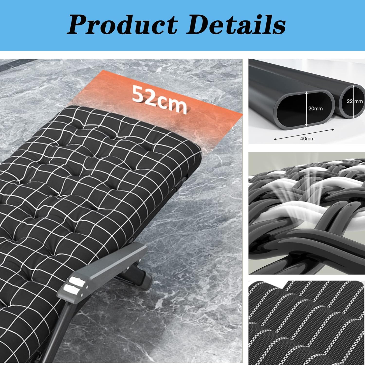 Padded Chair Adjustable Folding Reclining Patio Chair, Lounge Chair with Headrest Removable Pillow, Massage Armrest, Support 550lbs (Recliner+Blue Cushion