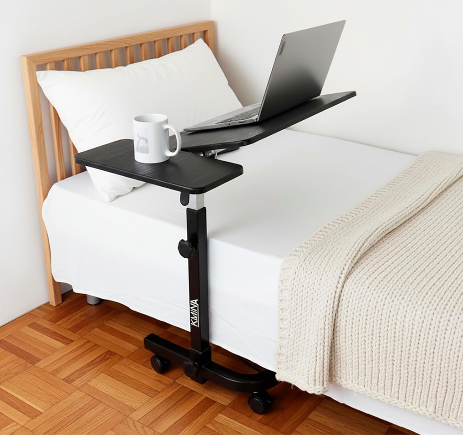 KMINA Overbed Table with Wheels, Hospital Bed Table, Tilting, Adjustable Height, Wood and Steel, C Shaped Side for Home Use Swivel, Black