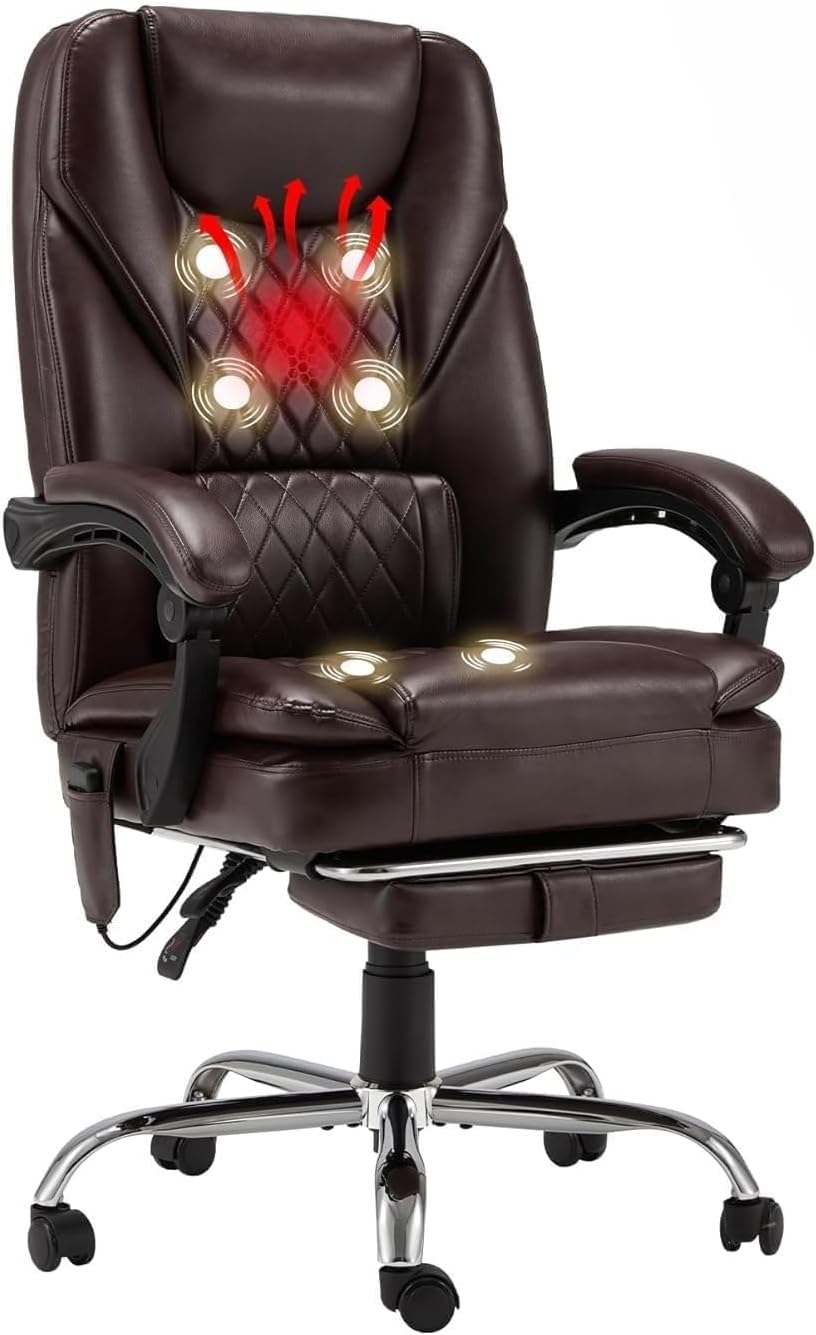 HOMREST 6-Point Massage Office Chair with Heat, 500lbs Big and Tall Executive Chair, Ergonomic Reclining Desk Chair with Footrest & Lumbar Support, Adjustable Armrest, PU Leather (Brown)