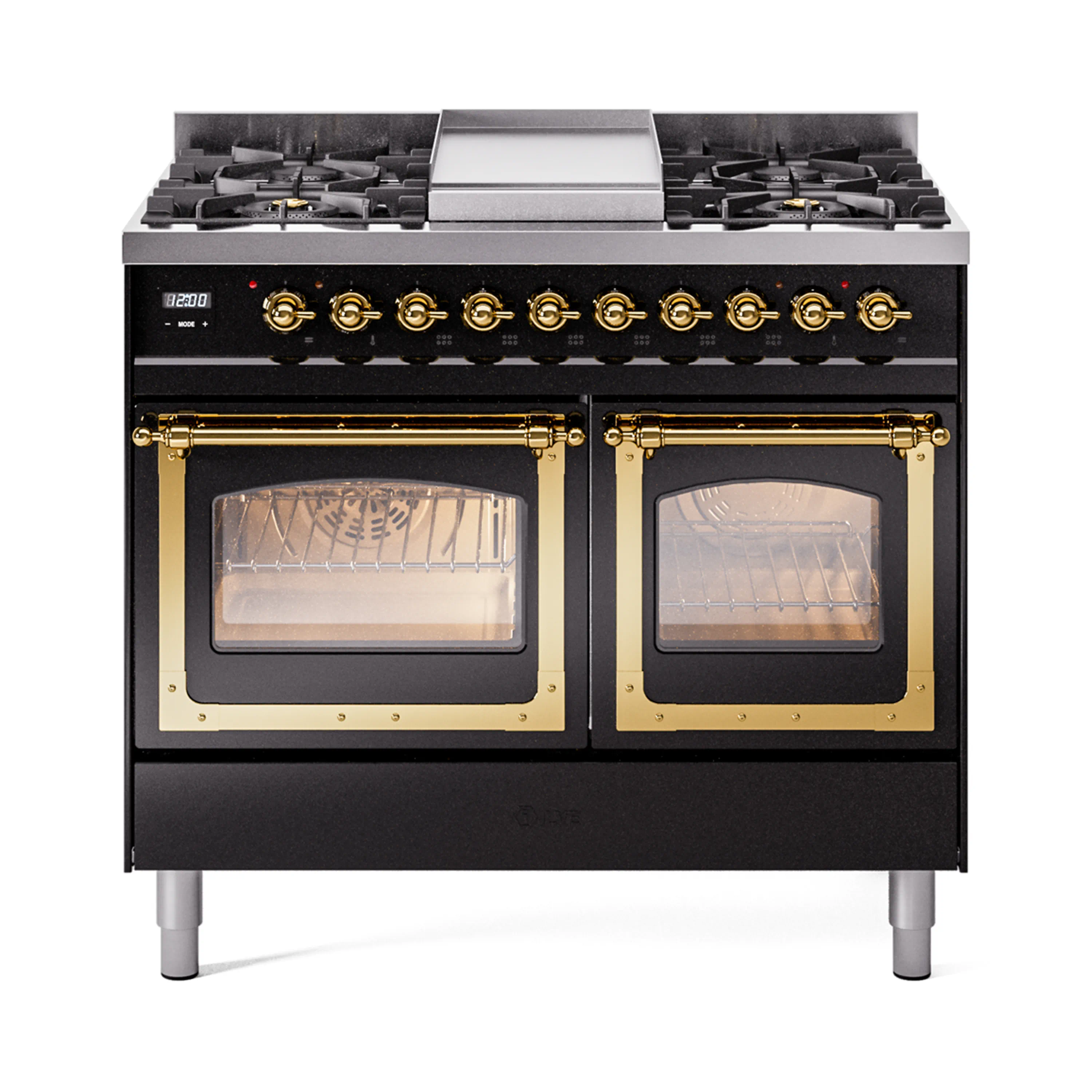 ILVE 40-Inch Nostalgie II Noblesse Dual Fuel Range with Triple Glass Door Oven in Glossy Black with Brass Trim (UND40FNMPBKG)