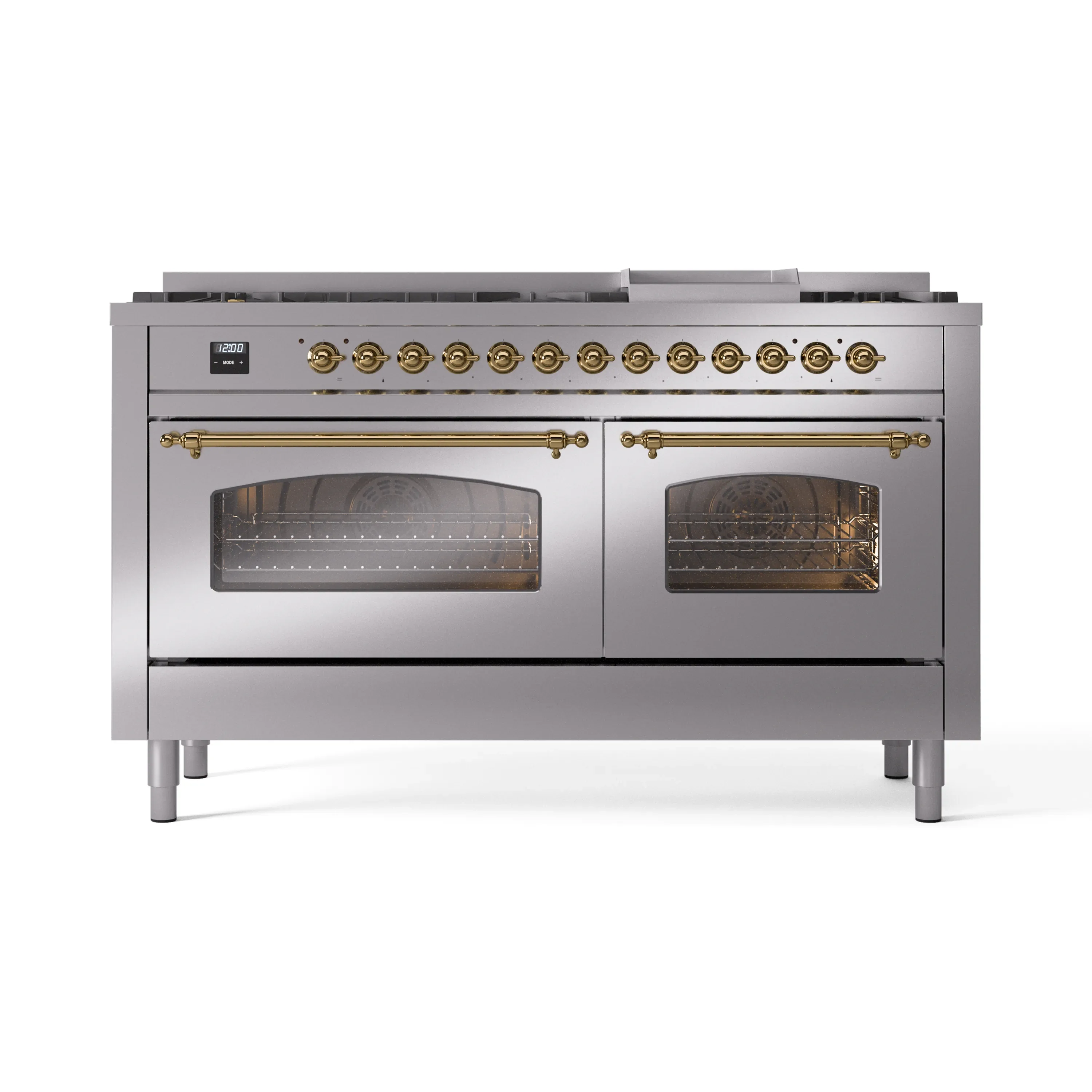 ILVE 60-Inch Nostalgie II Dual Fuel Range with 9 Burners, Griddle and Triple Glass Door Oven in Stainless Steel with Brass Trim (UP60FNMPSSG)