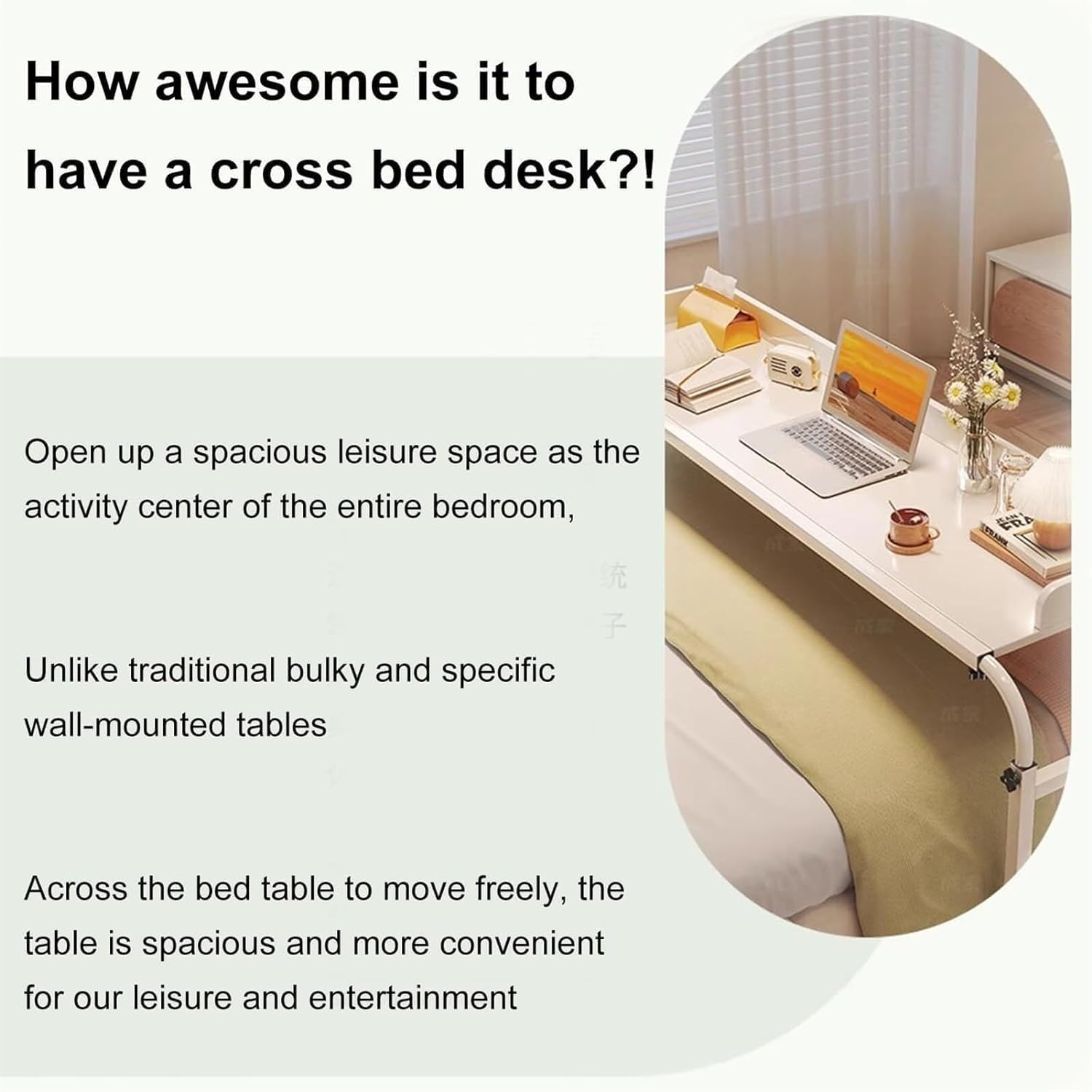 Mobile Over Bed King Queen Laptop Long Overbed Table Adjustable Height with Wheels Food Tray Desk Rolling Medical Table Overbed Bedside Table with Rolling Wheels