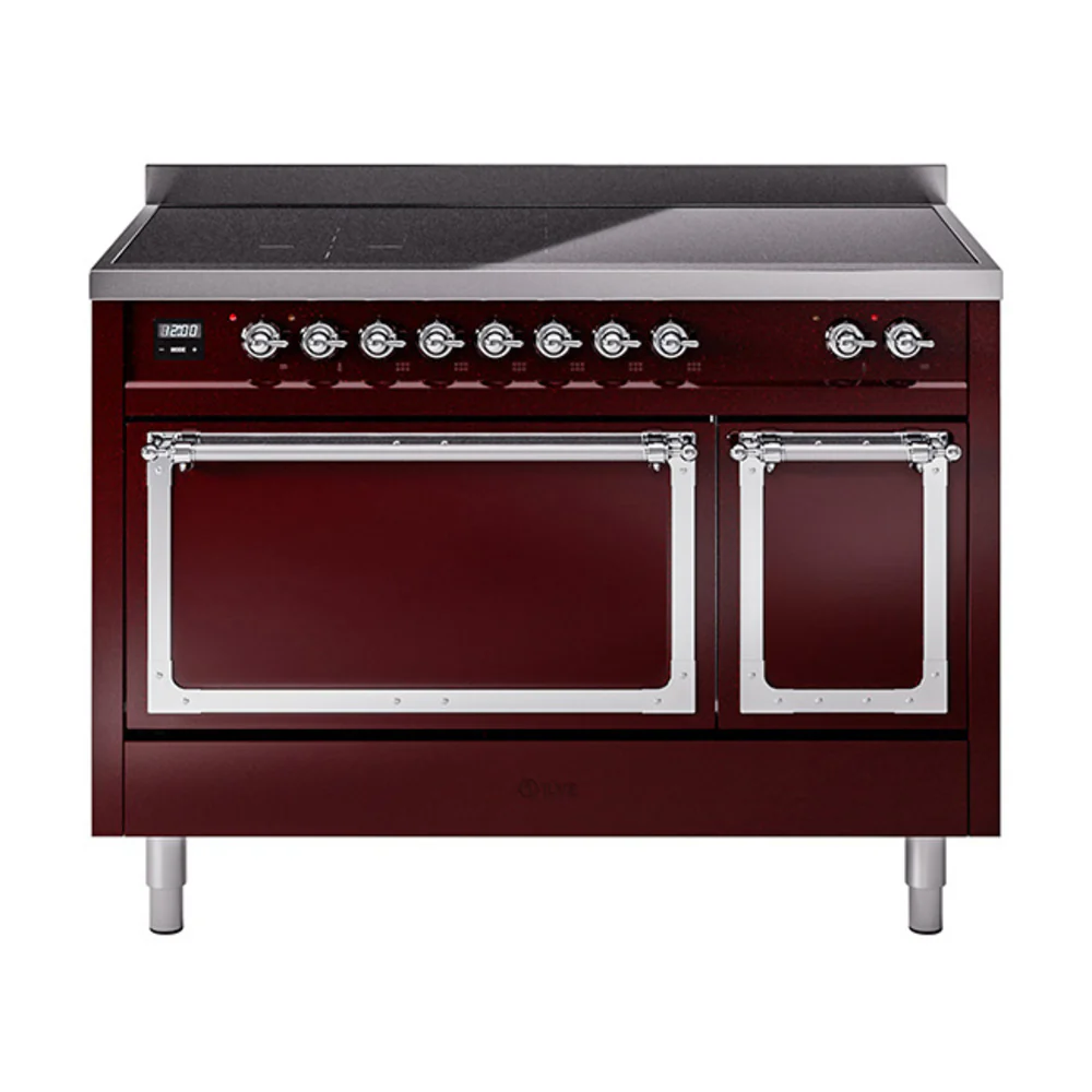 ILVE Nostalgie II Noblesse 48-Inch Induction Range with Solid Door Oven in Burgundy with Chrome Trim (UNI486QNMPBUC)