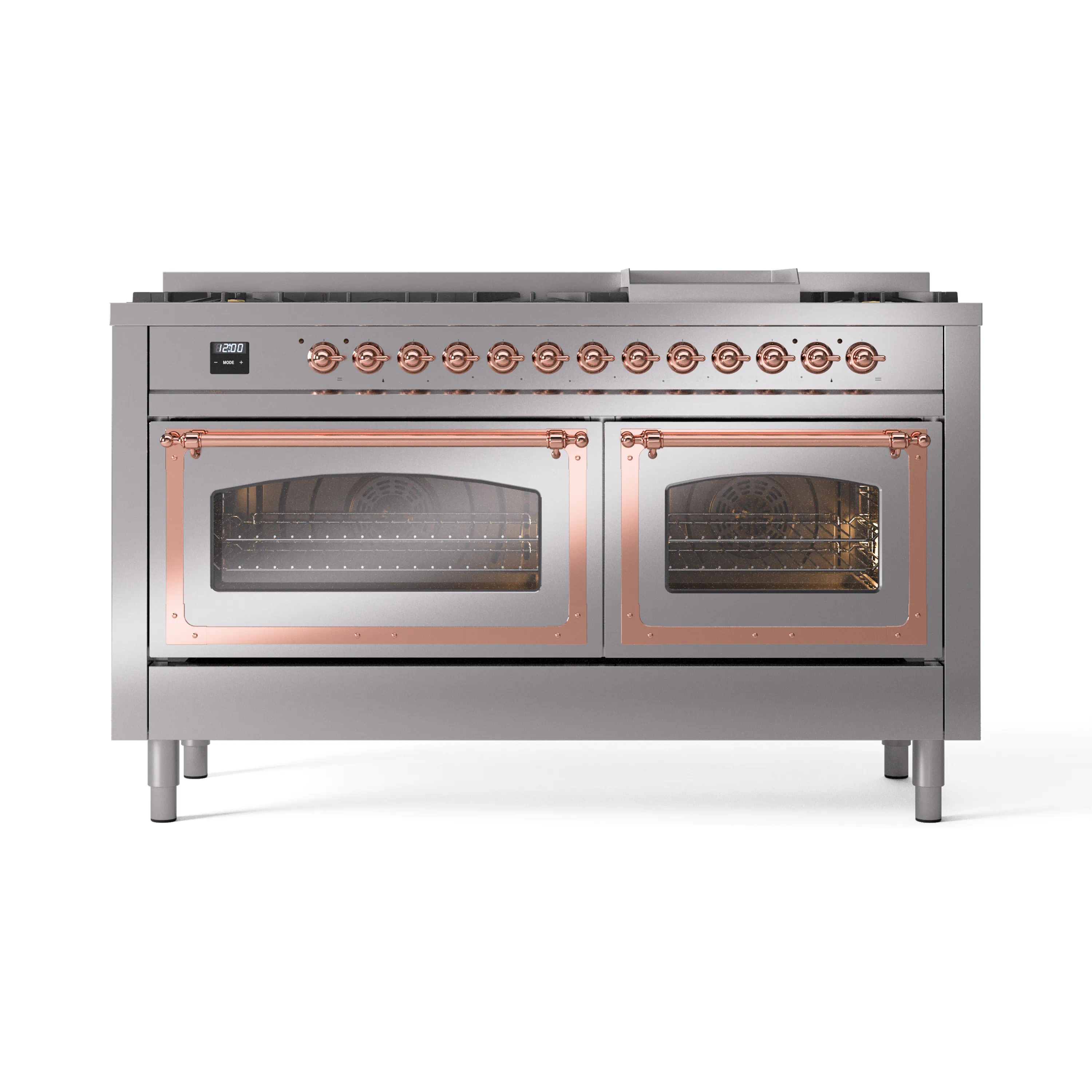 ILVE 60-Inch Nostalgie II Noblesse Dual Fuel Range with 9 Sealed Burners, Griddle, Triple Glass Door Oven in Stainless Steel with Copper Trim (UN60FNMPSSP)