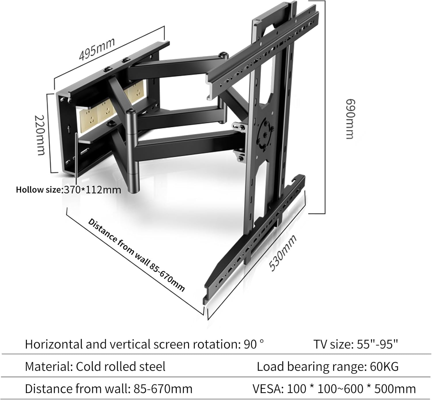 TV Wall Mount Portrait Swivel Tilt Rotate Arm Fits Most 55-95 inch LED LCD Flat Curved Vertical Screen Bracket, Support Max VESA 600x500mm Up to 132lbs DY5595