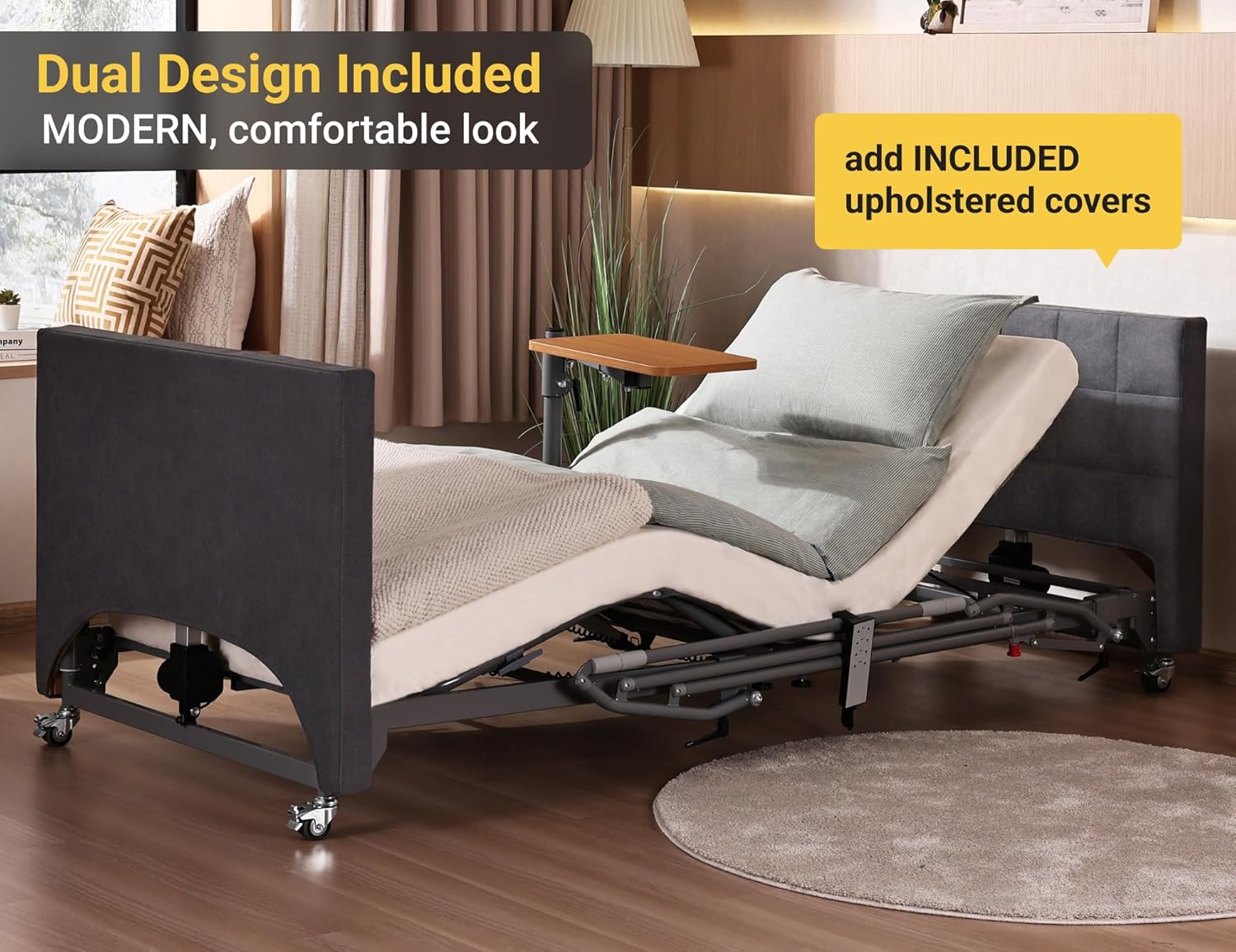 Electric Hospital Bed with Medical Mattress, Overbed Table & Rails - Advanced German Technology - 5 Functions with 8.5”-25” Adjustable Height for Home Use