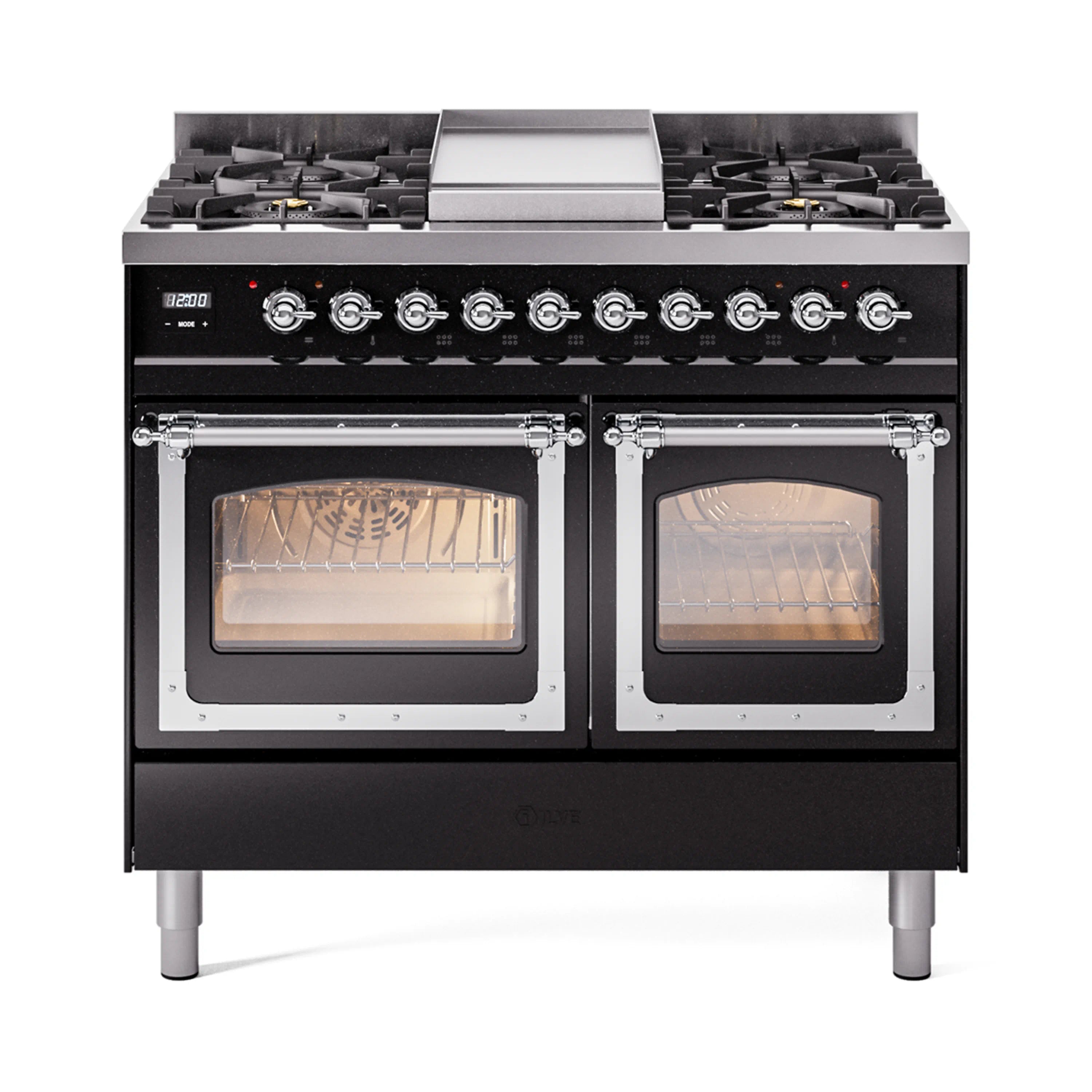 ILVE 40-Inch Nostalgie II Noblesse Dual Fuel Range with Triple Glass Door Oven in Glossy Black with Chrome Trim (UND40FNMPBKC)