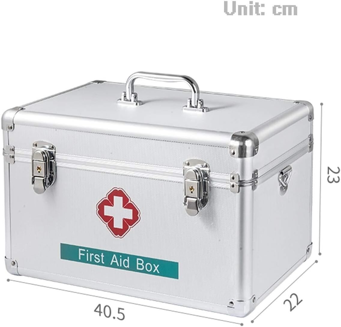 Lockable Portable First Aid Medicine Storage Box with Handle, Aluminum Alloy Medical Organizer for Home & Travel Use(40.5X22X23CM)
