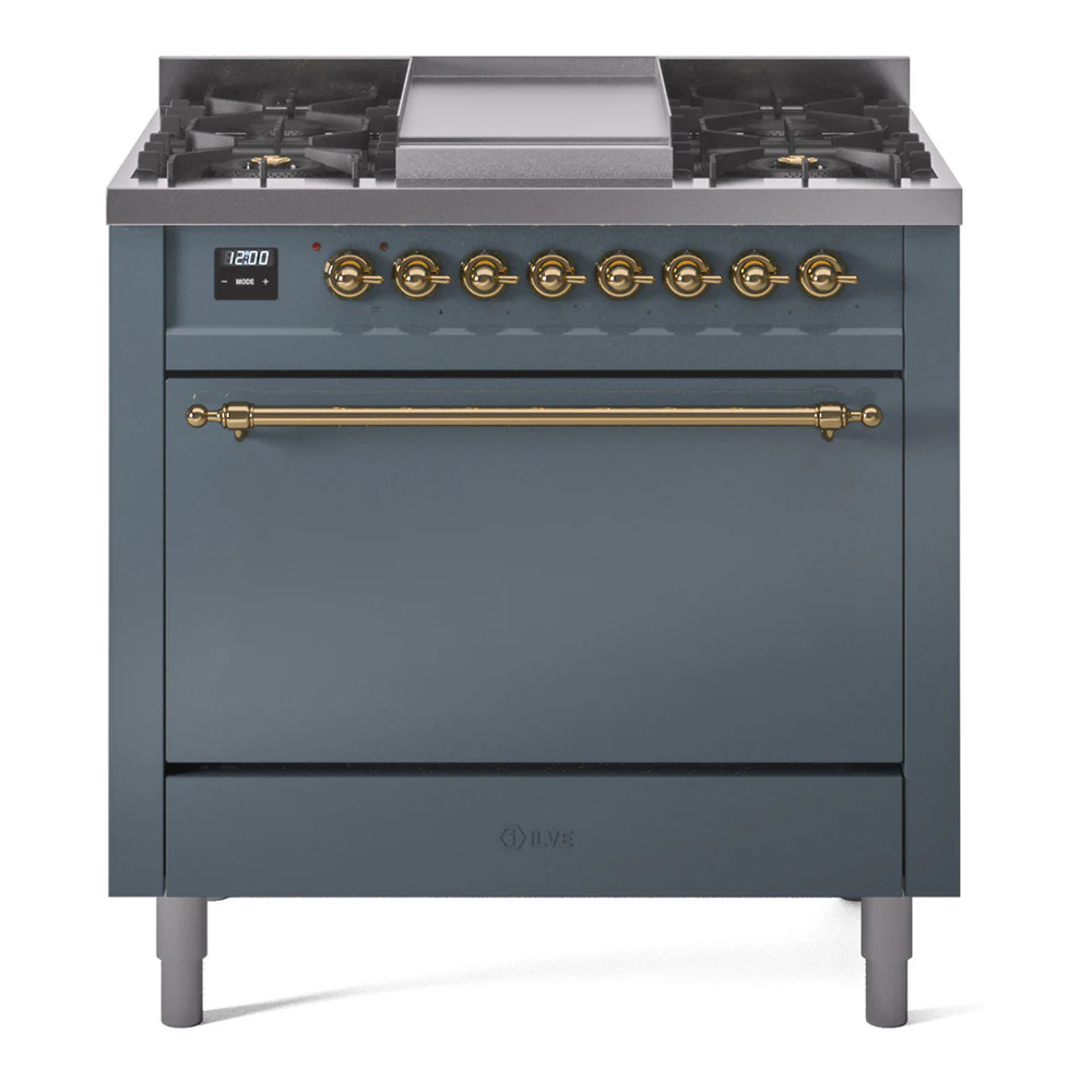 ILVE 36-Inch Nostalgie II Dual Fuel Range with 6 Burners and Solid Door Oven in Blue Grey with Brass Trim (UP36FQNMPBGG)