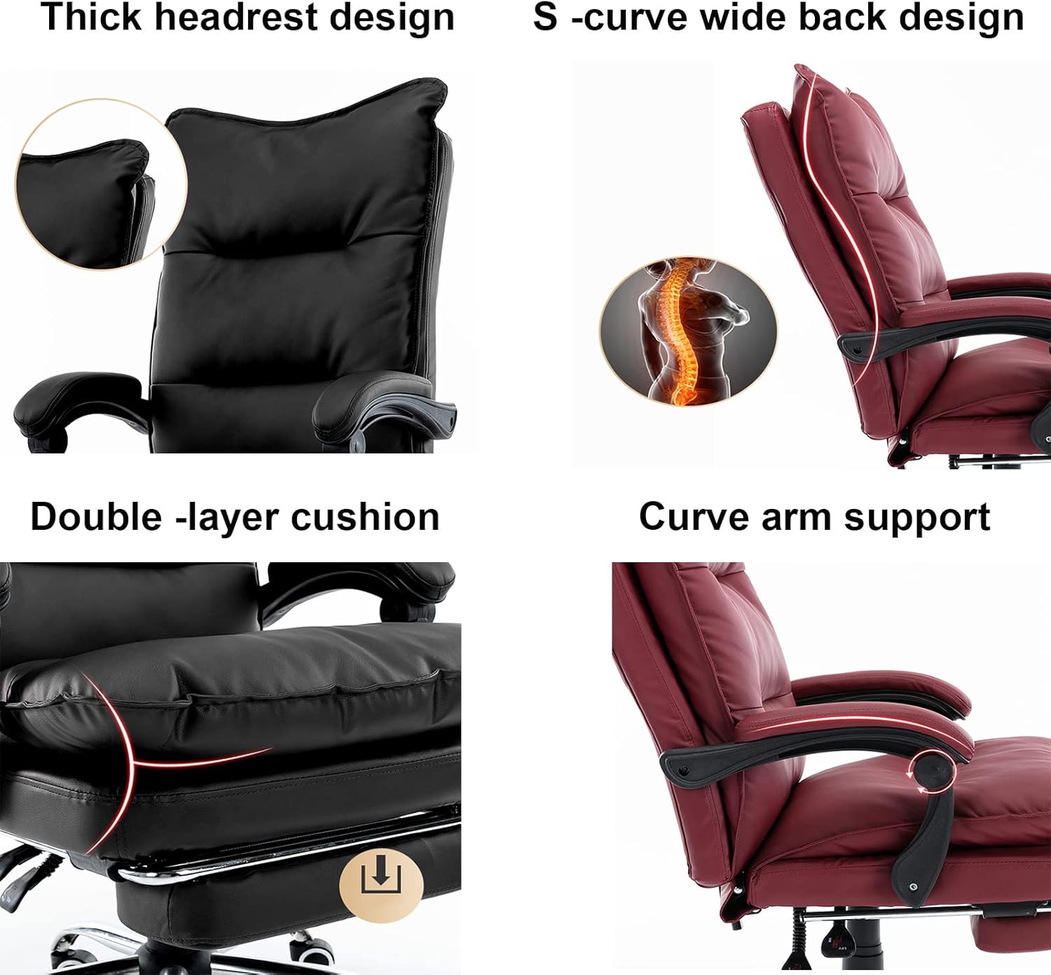 Reclining Office Chair with Footrest,Leather Managerial Chair,High Back Executive Office Chair Lumbar Support,with 170° Backrest Tilt Function and Padded Armrests,RedCoffee-A