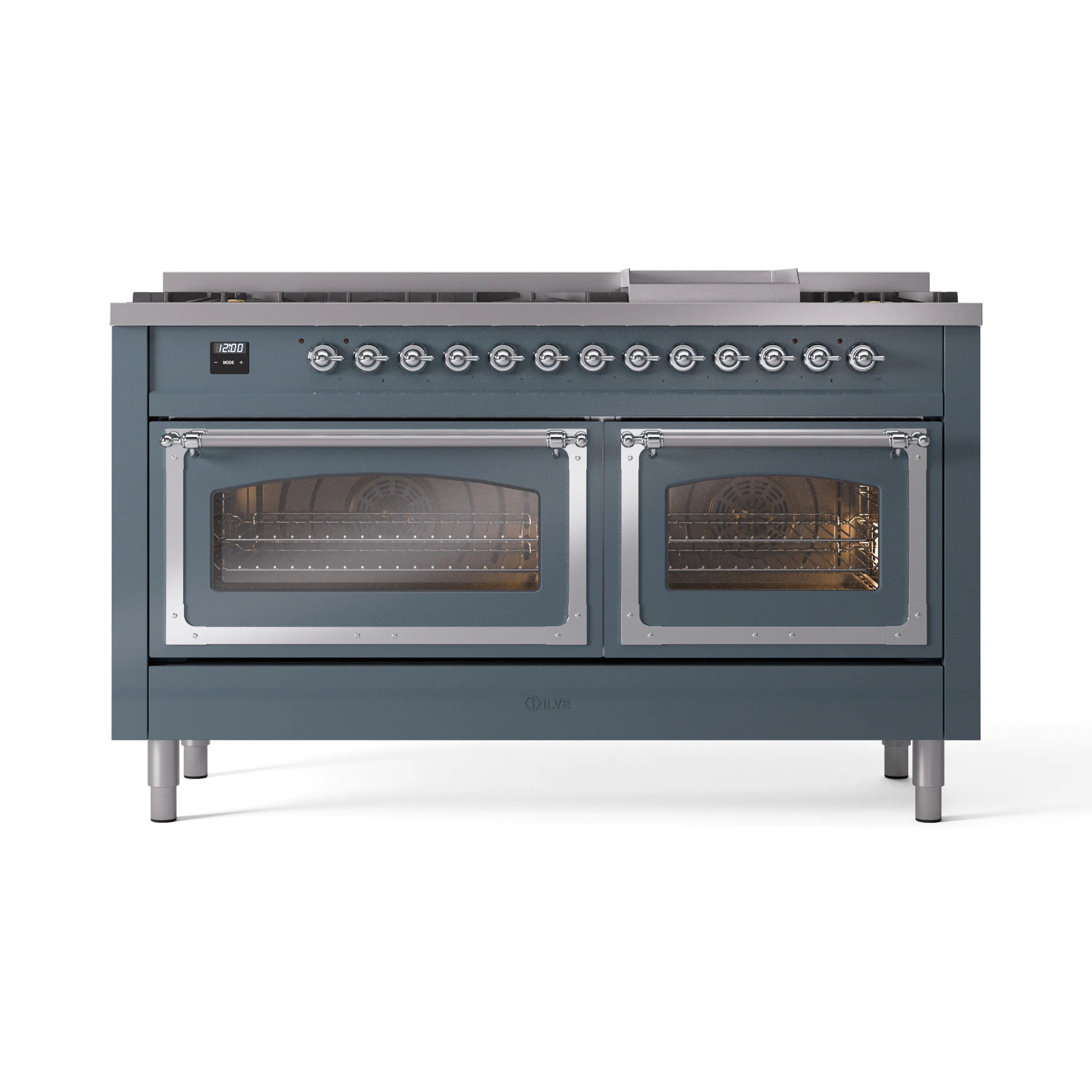 ILVE 60-Inch Nostalgie II Noblesse Dual Fuel Range with 9 Sealed Burners, Griddle, Triple Glass Door Oven in Blue Grey with Chrome Trim (UN60FNMPBGC)