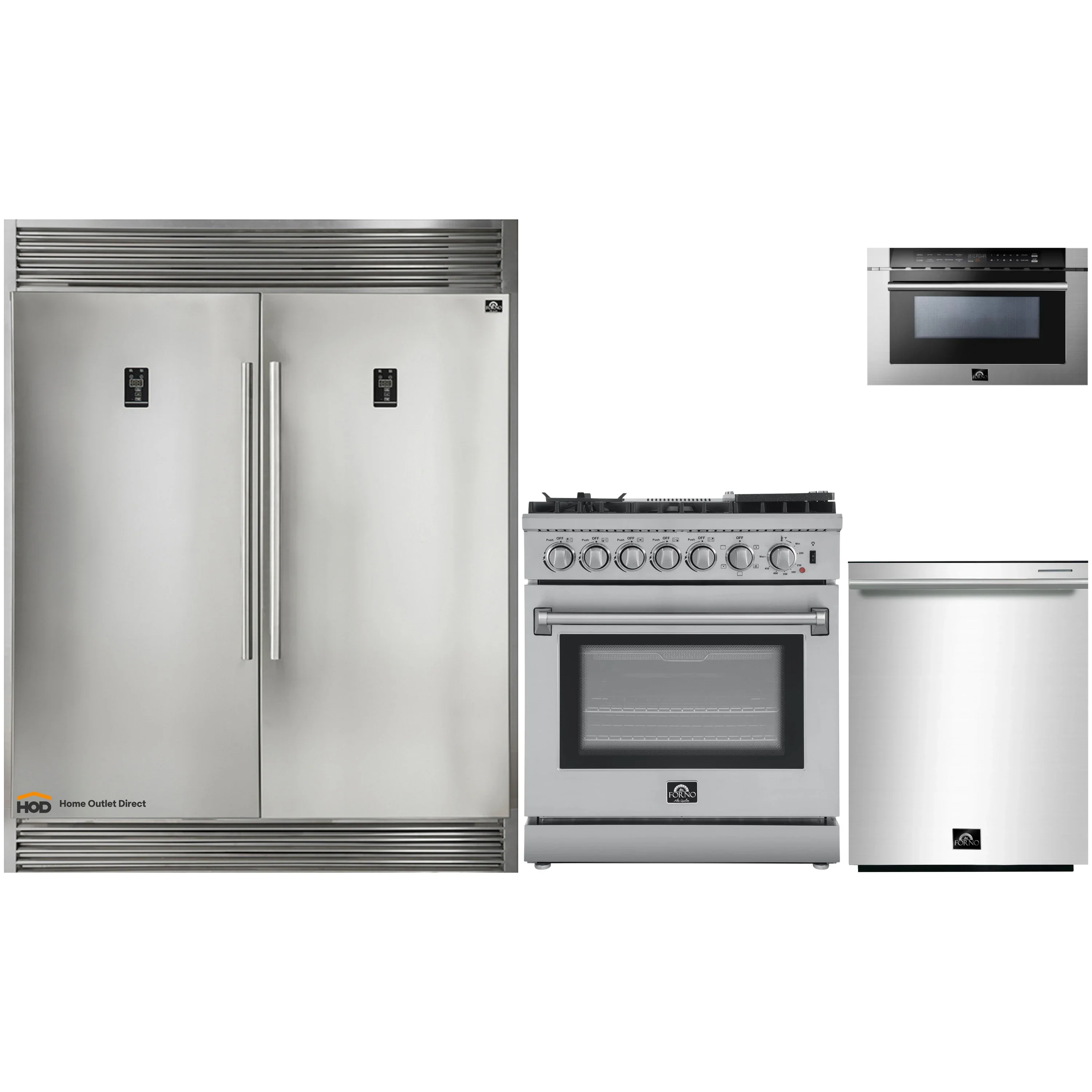 Forno 4-Piece Appliance Package - 30-Inch Dual Fuel Range with Air Fryer, 60-Inch Pro-Style Refrigerator, 24-Inch Microwave Drawer, & 3-Rack Dishwasher in Stainless Steel