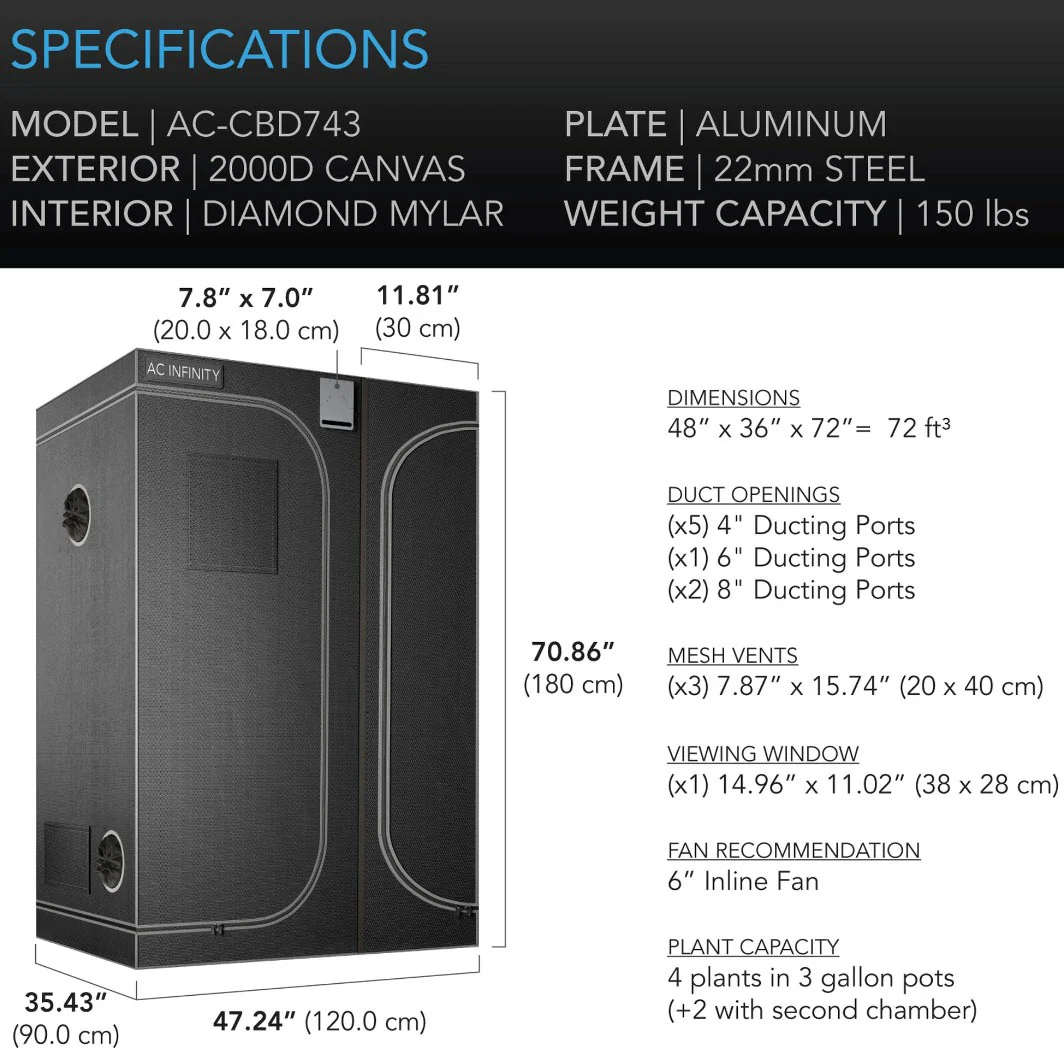 AC Infinity CLOUDLAB 864D 80-Inch Tall 2000D Mylar Canvas Advance Grow Tent