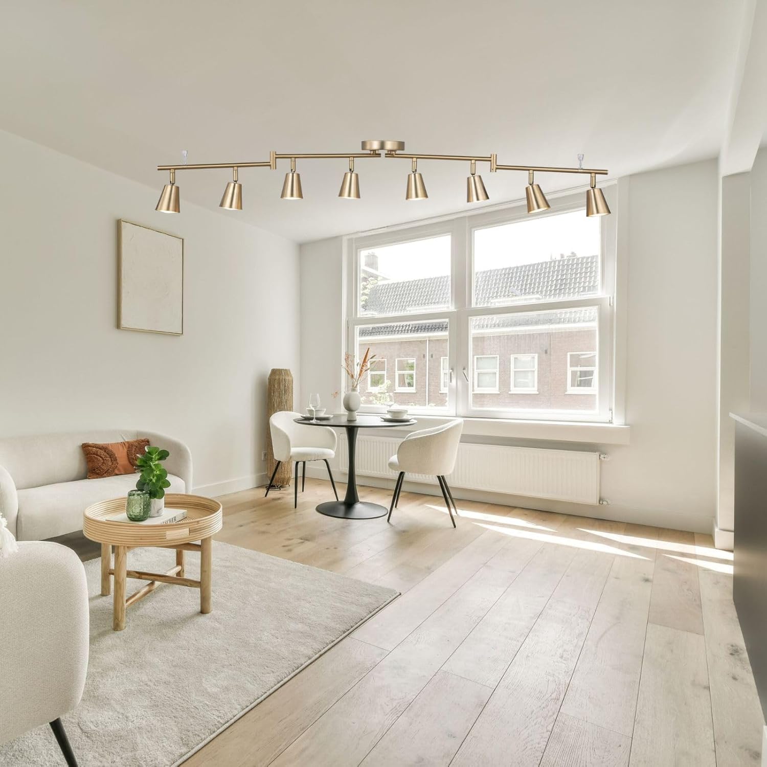 8 Light LED Track Lighting Kit, Matte Brass Adjustable with Moden Flush Mount Ceiling Spotlight,GU10 Socket Bulbs,Flexible Foldable Arms for Kitchen,Dining,Living Room, Bedroom