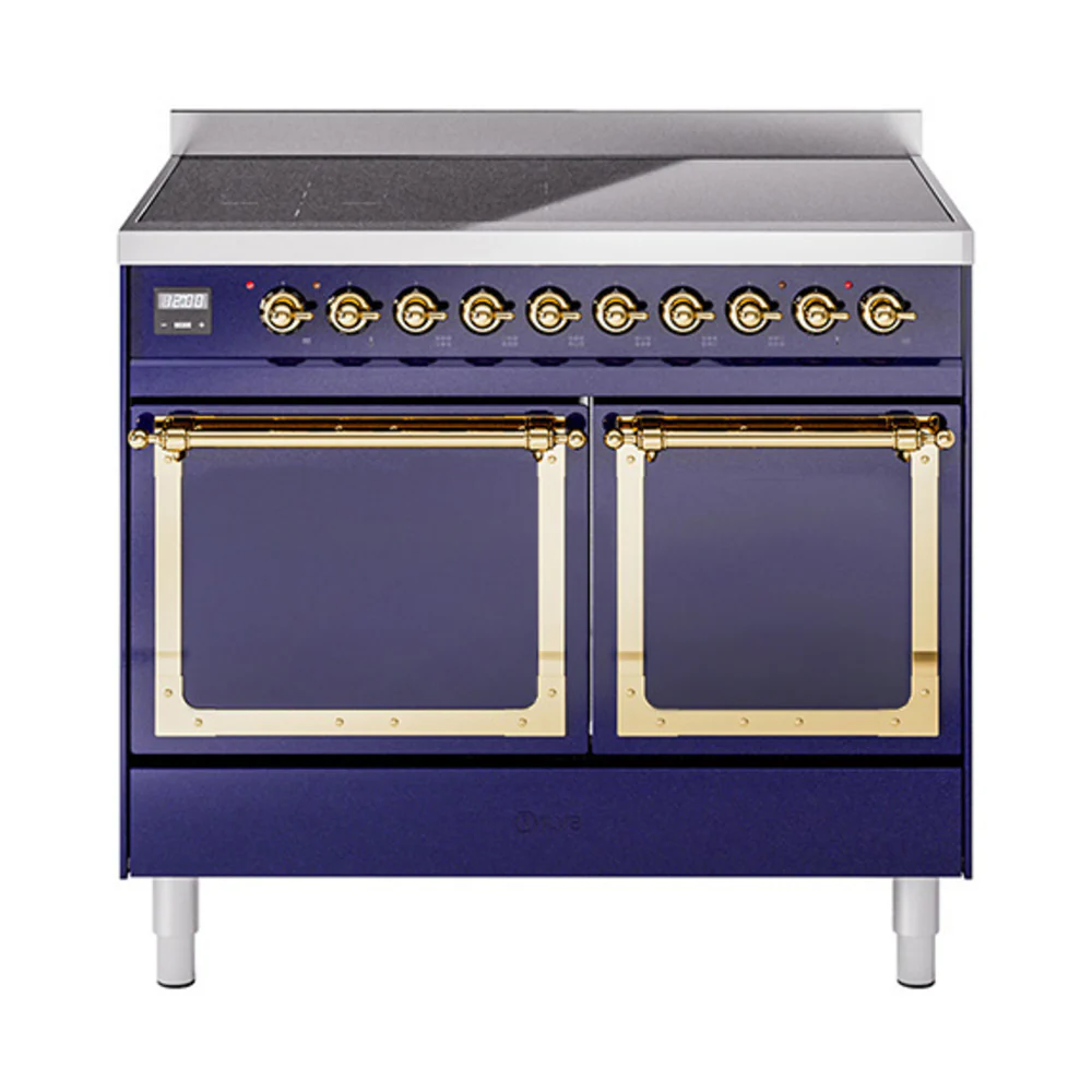 ILVE 40-Inch Nostalgie II Noblesse Induction Range with Solid Door Oven in Midnight Blue with Brass Trim (UNDI406QNMPMBG)