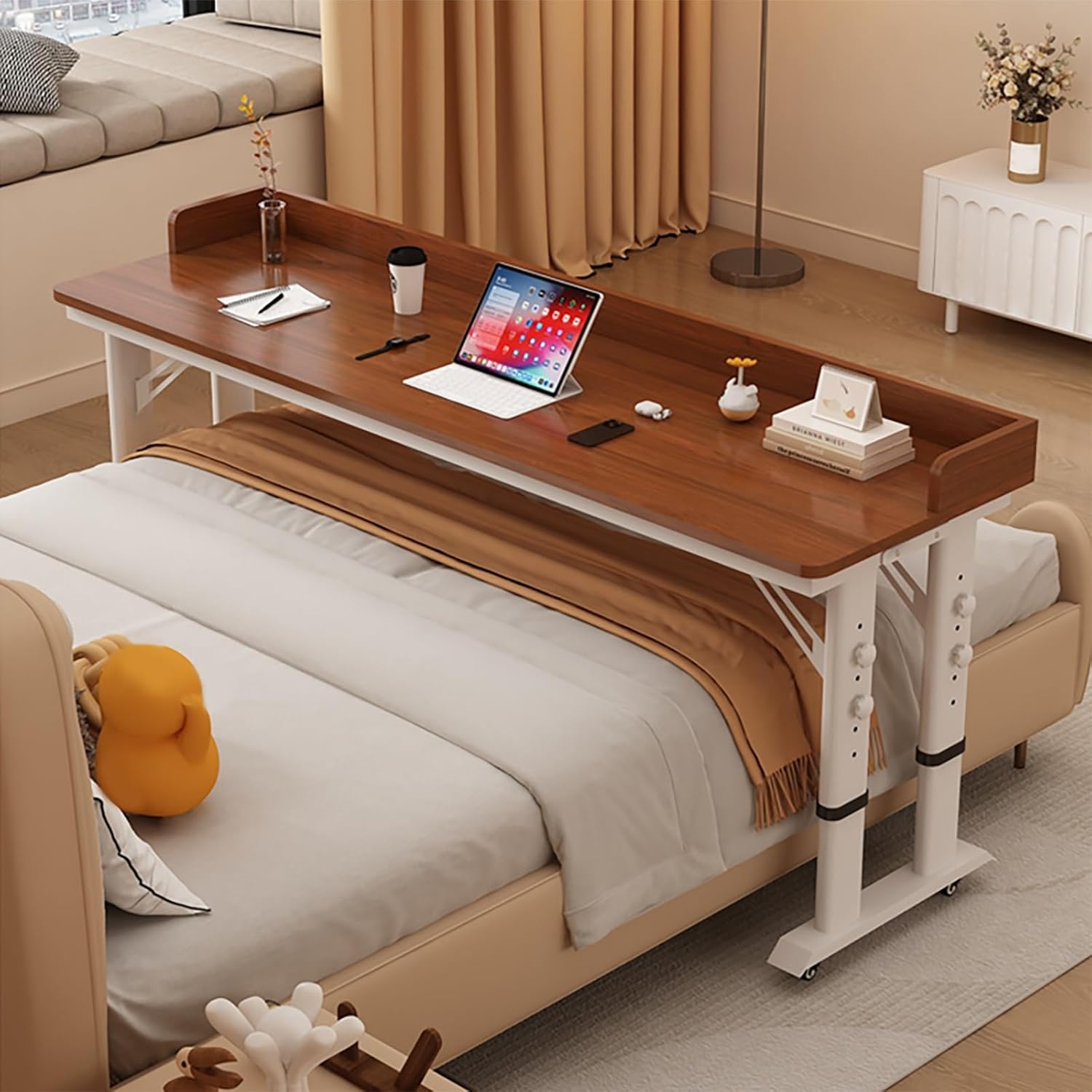 Overbed Table with 360° Wheels, Queen Size Mobile Bed Desk with Heavy Duty Metal Leg, Standing Rolling Desk Adjustable Height, for Home, Hospital(Walnut,180x50x68cm/71x20x27in)