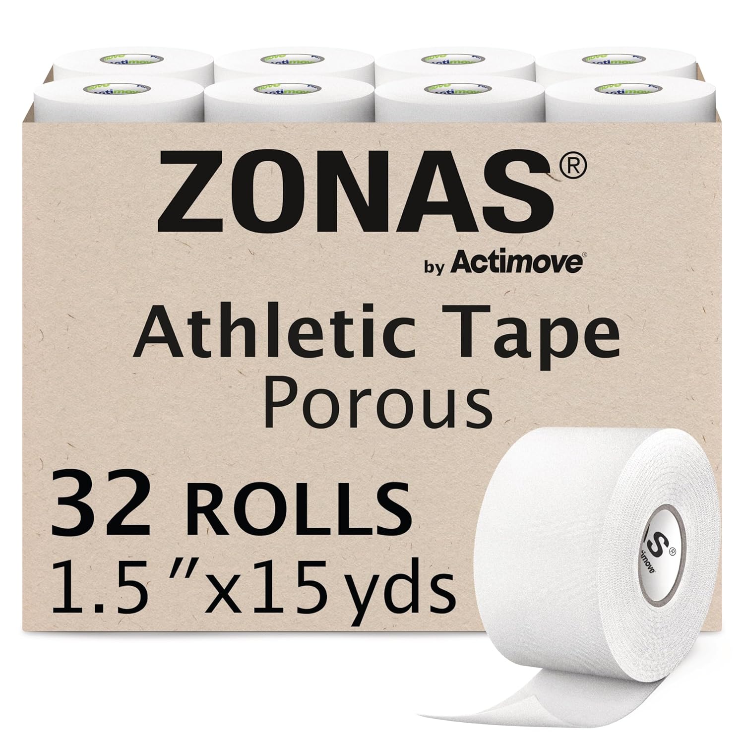 Athletic Tape for Muscles and Joint Support and Immobilization, Strong Skin Adhesion, Hand-tearable, White, 1.5 in x 15 yd, Speedpack - 32 Rolls