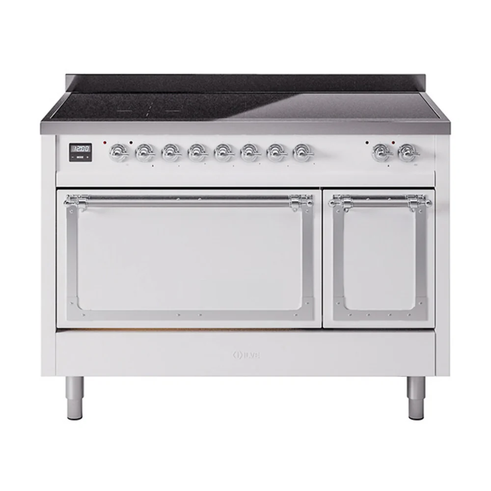 ILVE Nostalgie II Noblesse 48-Inch Induction Range with Solid Door Oven in White with Chrome Trim (UNI486QNMPWHC)