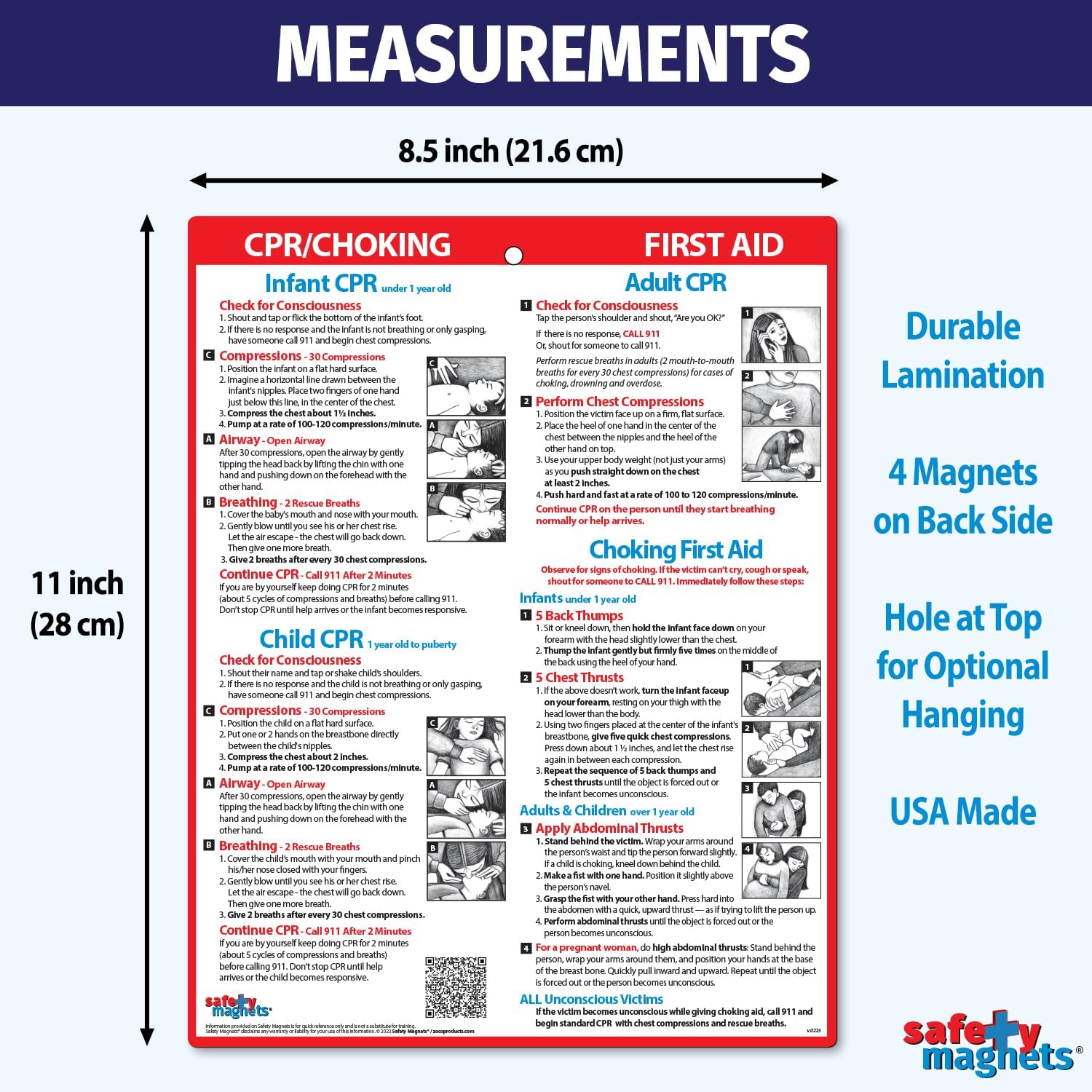 Safety Magnets by ZOCO – CPR & Choking Fridge Magnet (20-Pack) – First Aid Instructions for Infants, Children, & Adults – Heimlich Maneuver Laminated Card 8.5