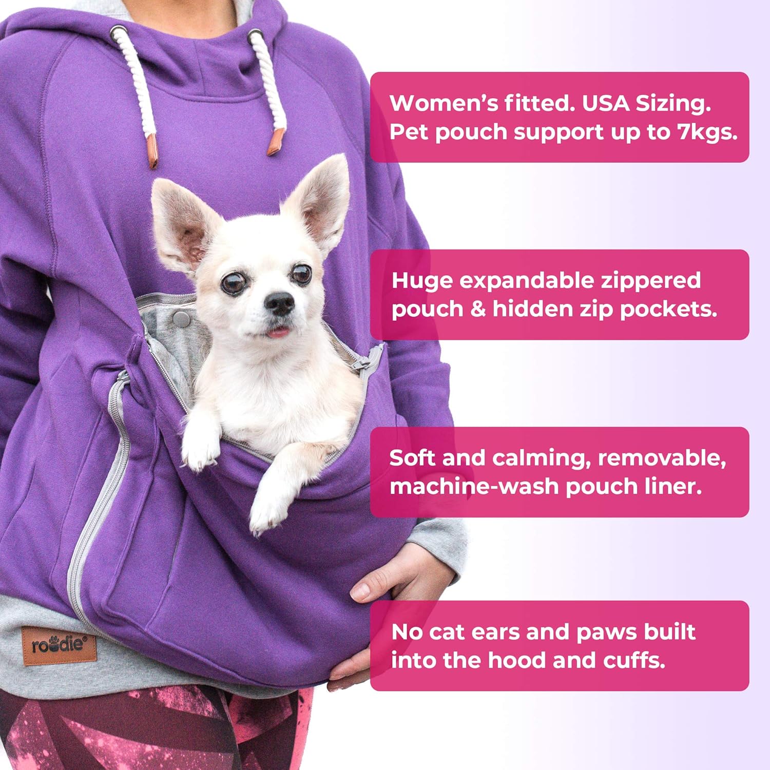 Pet Pouch Hoodie Small Pet Carrier - Dog Cat Pouch Hoodie Sweatshirt Kangaroo Pocket Holder - No Ears - Women's Fit