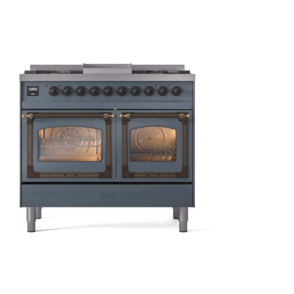 ILVE 40-Inch Nostalgie II Noblesse Dual Fuel Range with Triple Glass Door Oven in Blue Grey with Bronze Trim (UND40FNMPBGB)