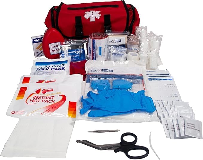 Line2design Emergency Fire First Responder Kit - Fully Stocked EMS Supplies First Aid Rescue Trauma Tactical Bag - EMS EMT Paramedic Complete Lifeguard Medical Supplies for Natural Disasters - Red