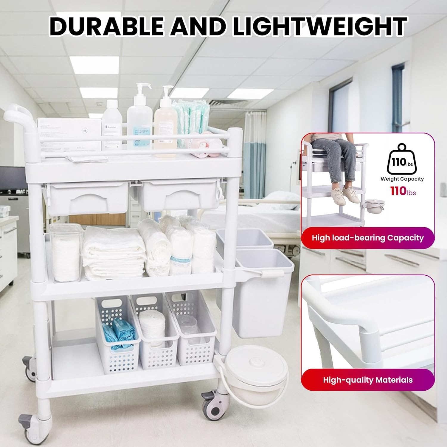 Medical Cart Professional 3-Tier Mobile with Wheels 110 LBS Max Load Rolling Cart with Drawers Dirt Bucket Sharps Box for Hospital Dental Clinic Home Medical Staff & Caregivers