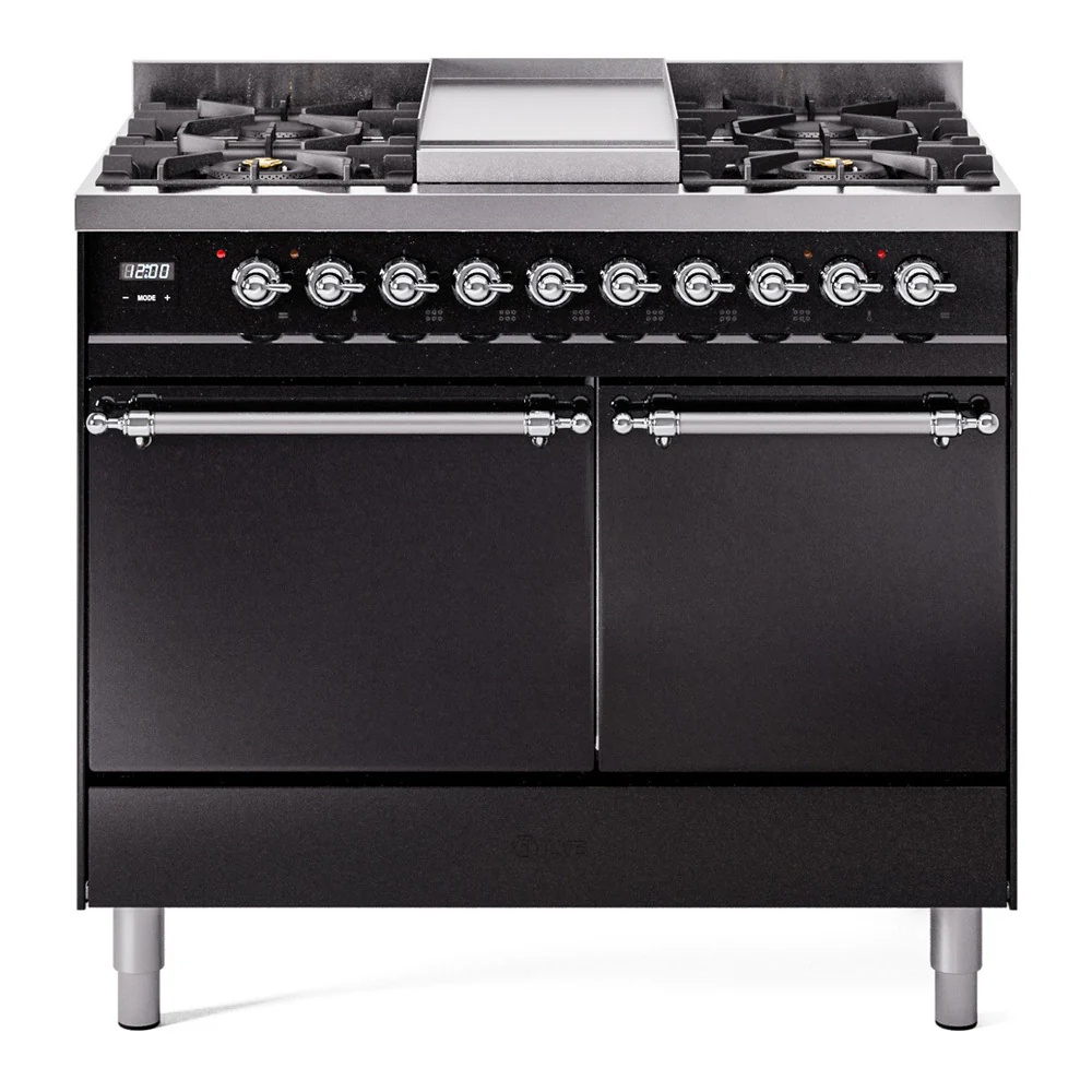 ILVE 40-Inch Nostalgie II Dual Fuel Range with 6 Burners, Griddle and Solid Door Oven in Glossy Black with Chrome Trim (UPD40FQNMPBKC)