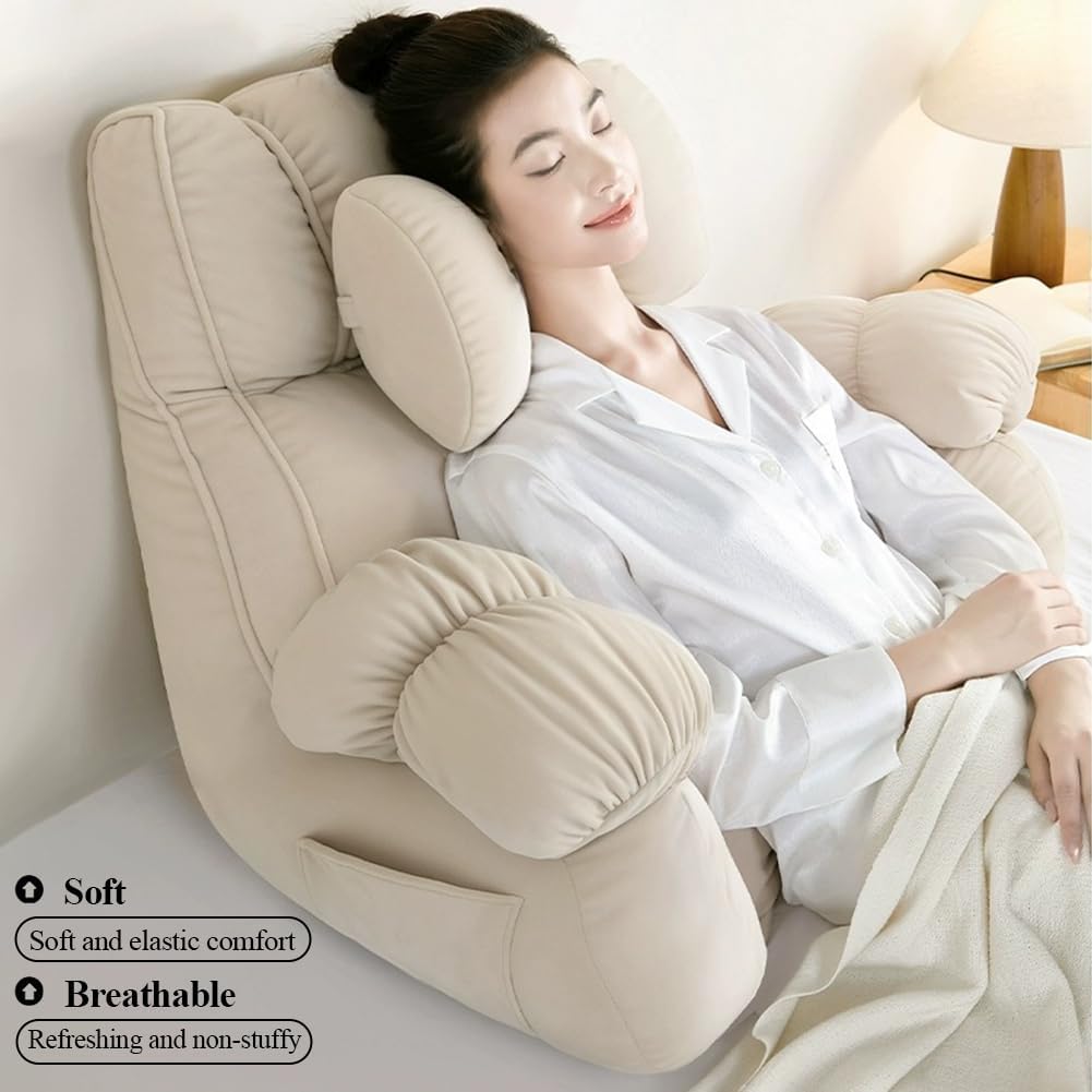 Backrest Reading Bed Rest Pillow with Arms - Removable Washable Cover, Back Support Wedge Cushion for Neck & Lumbar, Headboard Pillow for Bed Sitting Up, Floor Pillow (Khaki02, Medium)