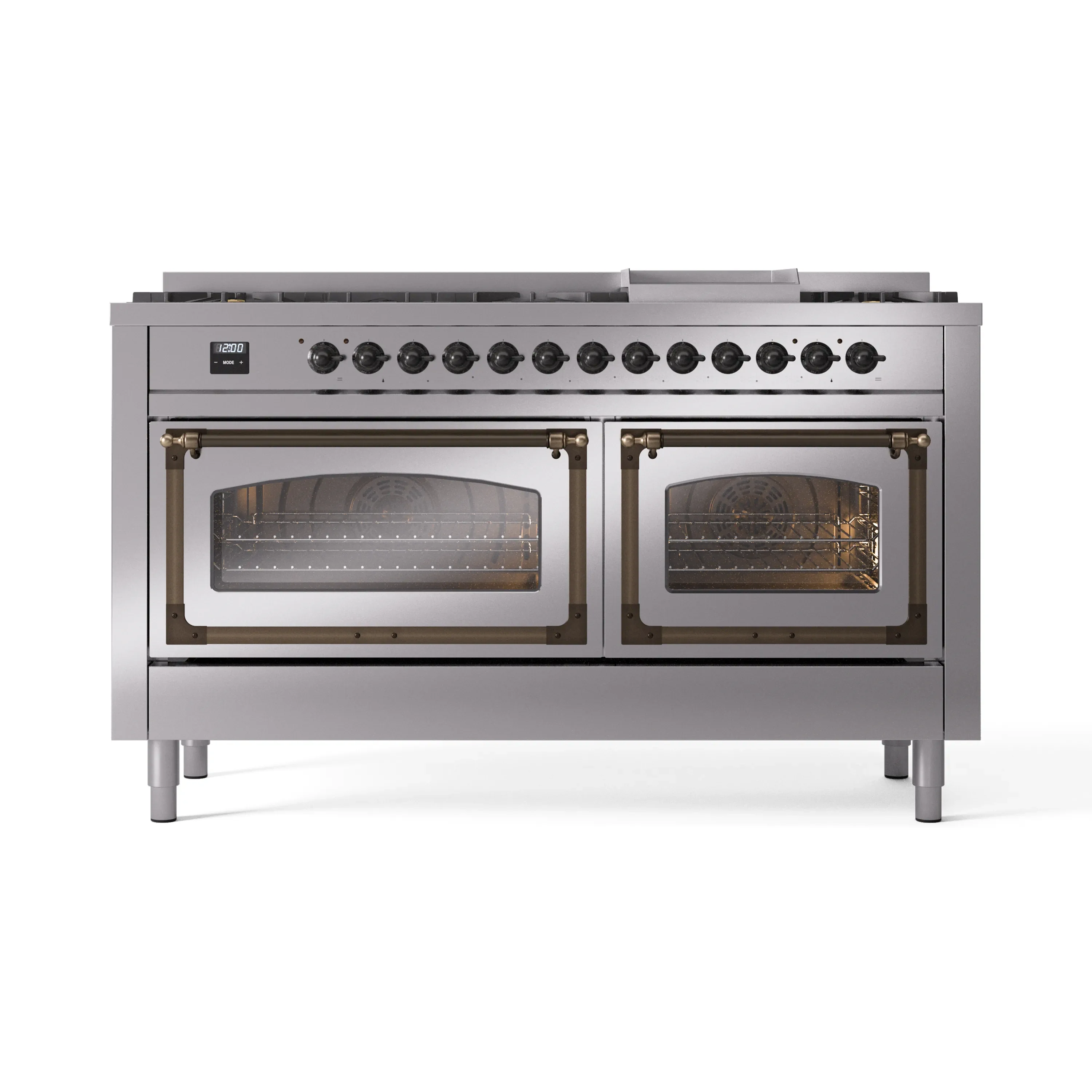 ILVE 60-Inch Nostalgie II Noblesse Dual Fuel Range with 9 Sealed Burners, Griddle, Triple Glass Door Oven in Stainless Steel with Bronze Trim (UN60FNMPSSB)