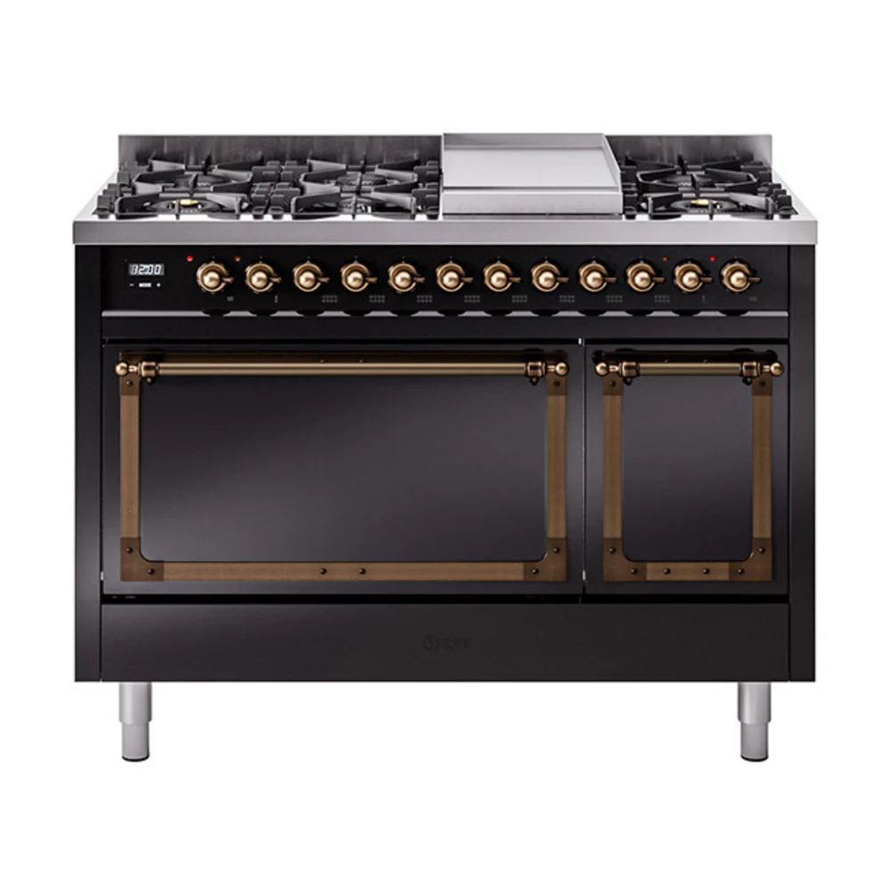 ILVE Nostalgie II Noblesse 48-Inch Dual Fuel Freestanding Range with Solid Door Oven in Glossy Black with Bronze Trim (UN48FQNMPBKB)